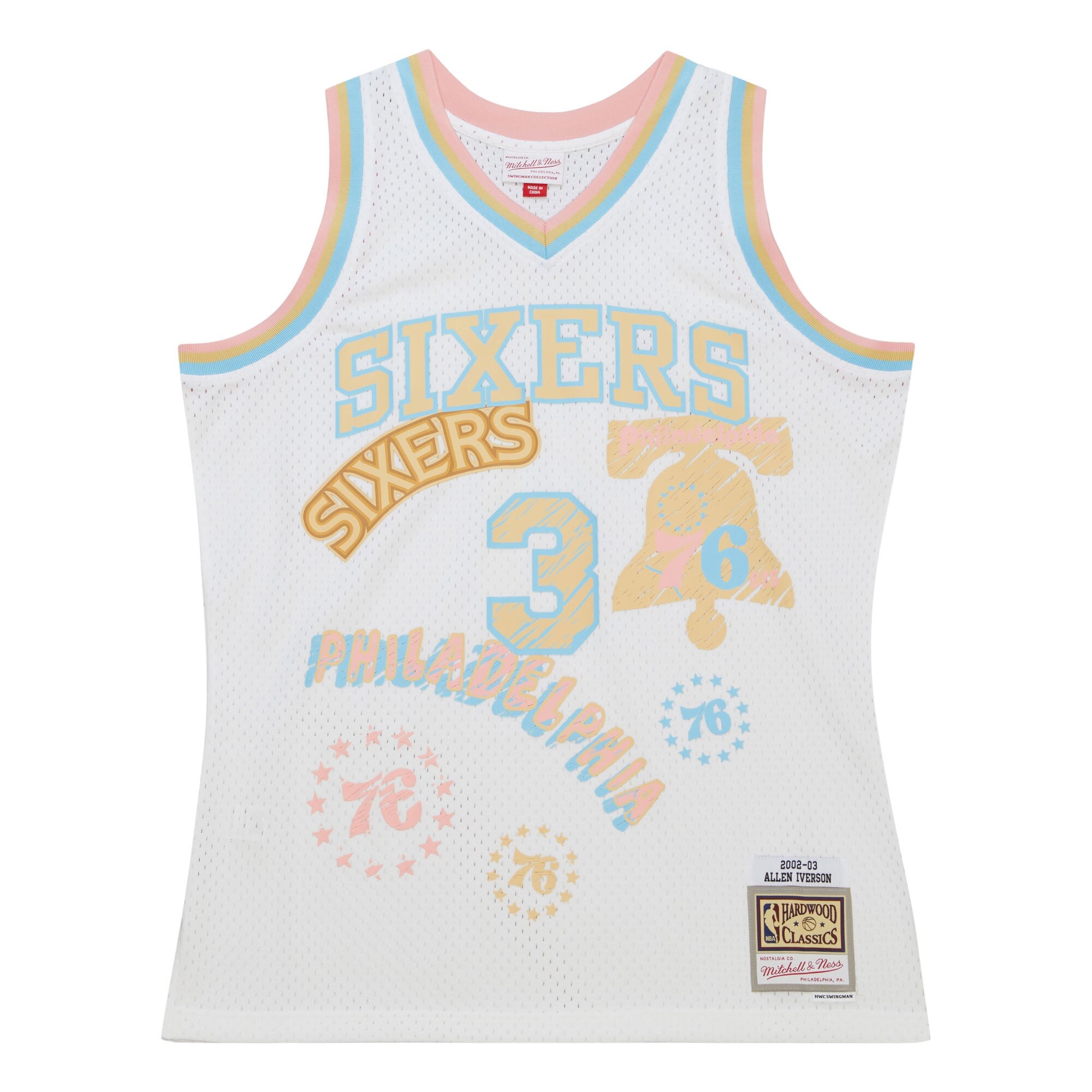MENS MITCHELL & NESS SIDEWALK SKETCH SWINGMAN JERSEY 76ERS 2002 ALLEN IVERSON