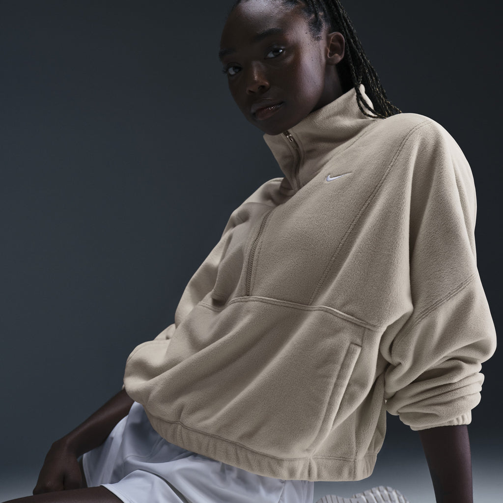 Mens Nike ONE THERMA-FIT OVERSIZED FLEECETOP MET HALFLANGE RITS VOOR DAMES