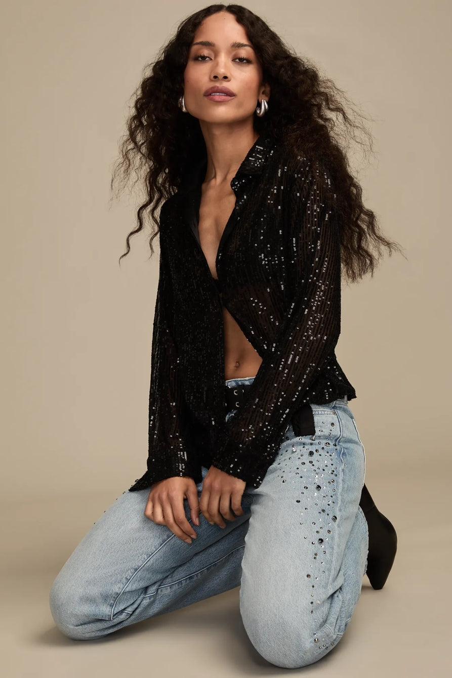 [154481-001] WOMENS LUCKY BRAND SEQUIN BUTTONDOWN SHIRT - CAVIAR