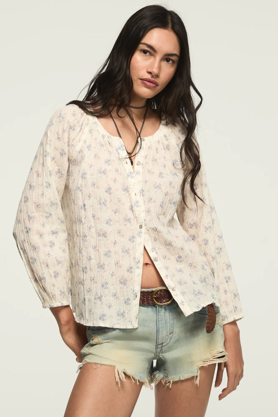[157828-100] WOMENS LUCKY BRAND LONG SLEEVE BUTTON BLOUSE - CREAM FLORAL