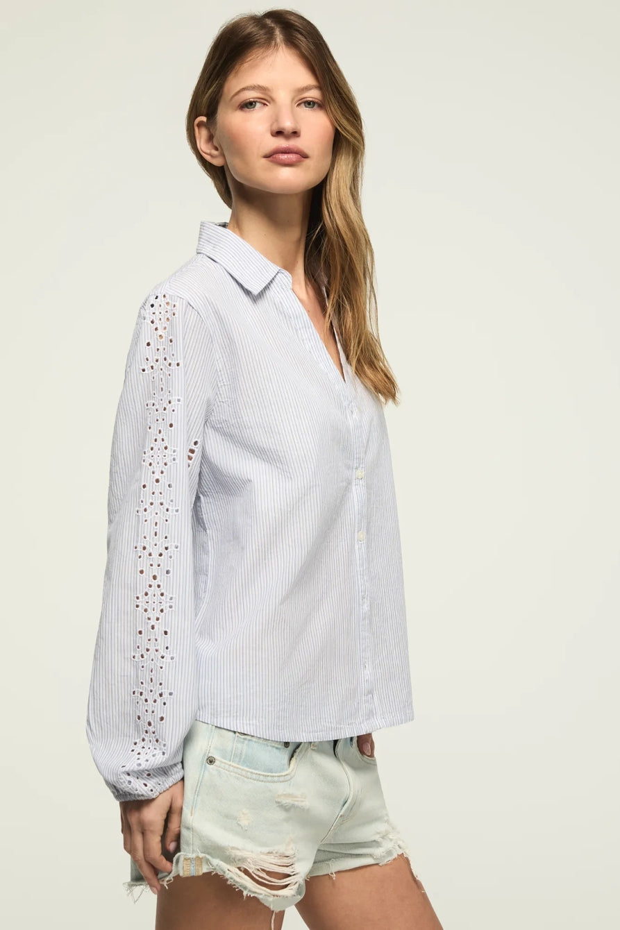 [157841-420] WOMENS LUCKY BRAND CUTWORK LONG SLEEVE BUTTON DOWN - BLUE STRIPE