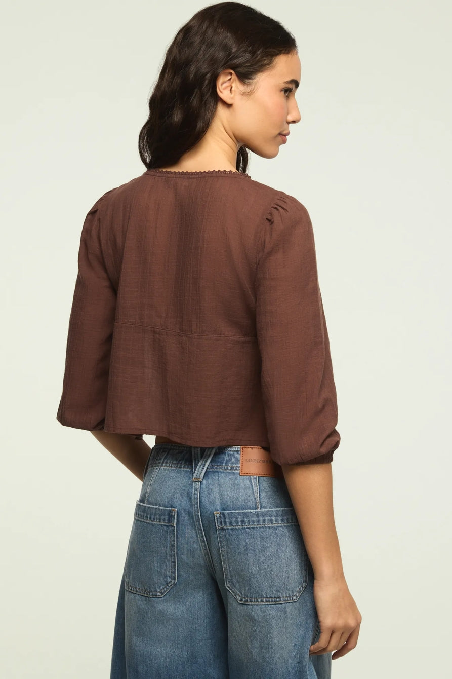 [157942-200] WOMENS LUCKY BRAND FESTIVAL CUTWORK FLYAWAY BLOUSE - FRENCH ROAST