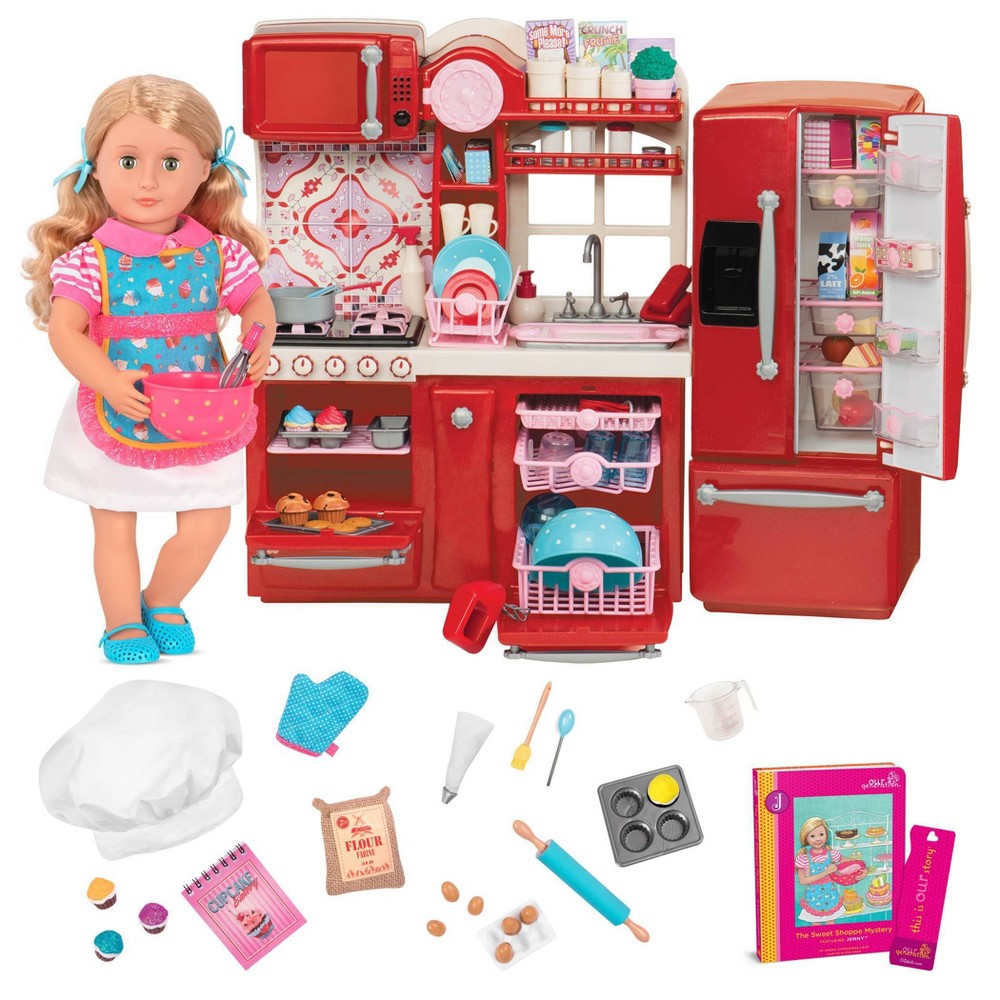 [113988] Our Generation 18" Posable Cooking Doll Jenny with Gourmet Kitchen Playset & Storybook (Red)