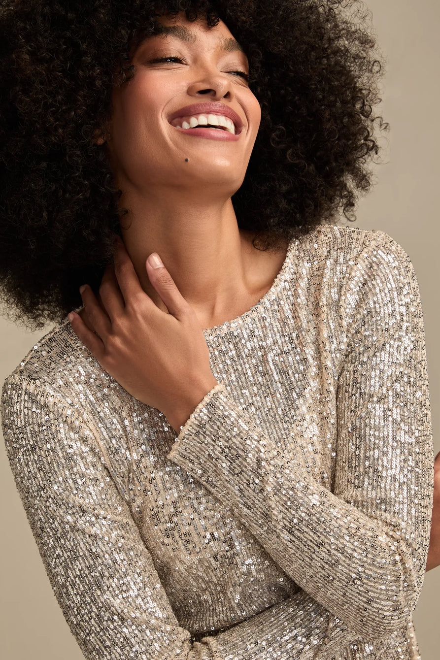 [160248-680] WOMENS LUCKY BRAND SEQUIN LONG SLEEVE TOP - CHAMPAGNE SEQUIN