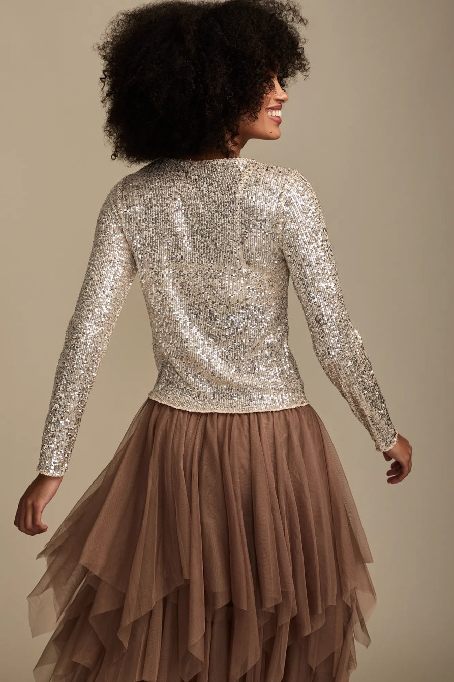 [160248-680] WOMENS LUCKY BRAND SEQUIN LONG SLEEVE TOP - CHAMPAGNE SEQUIN