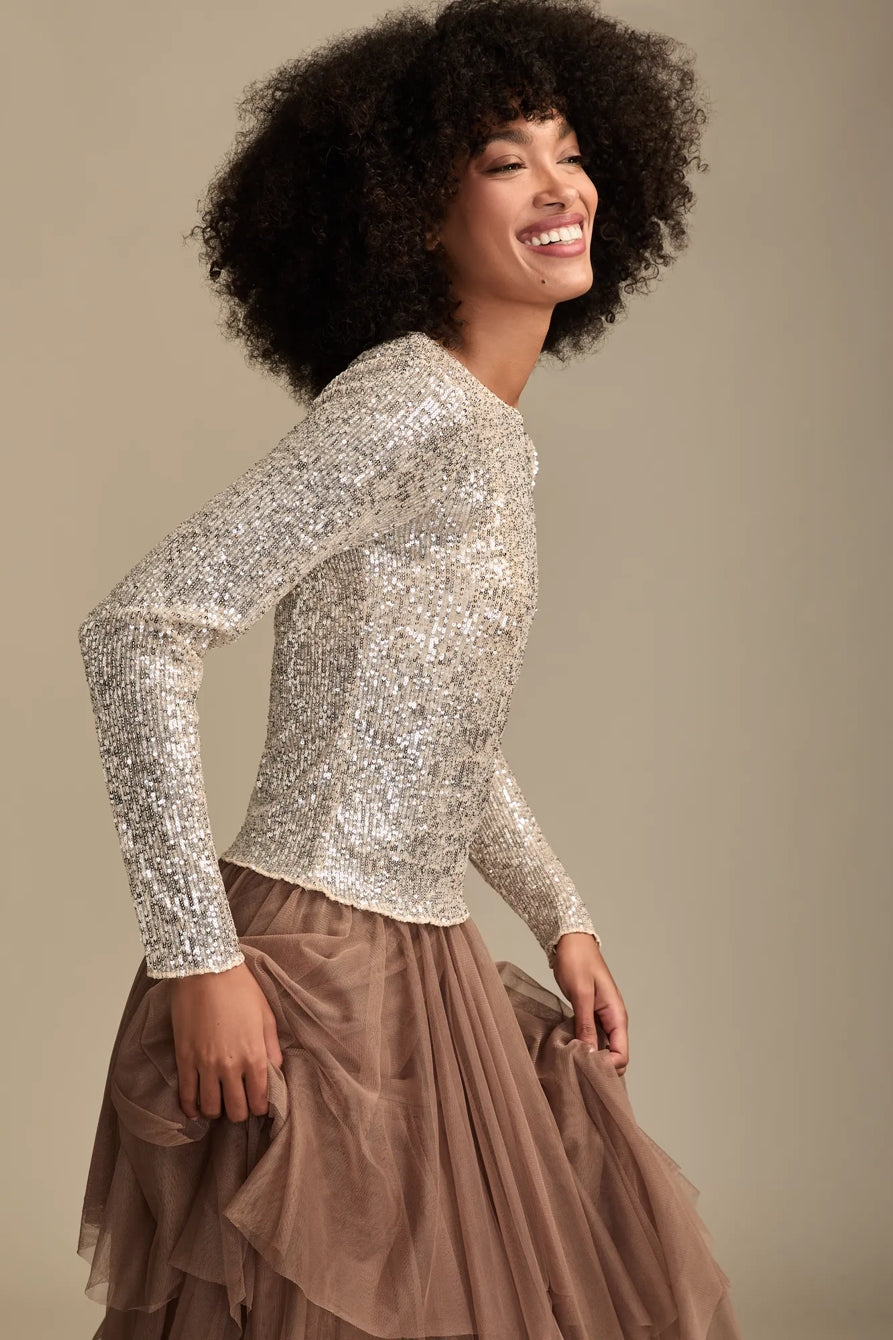 [160248-680] WOMENS LUCKY BRAND SEQUIN LONG SLEEVE TOP - CHAMPAGNE SEQUIN