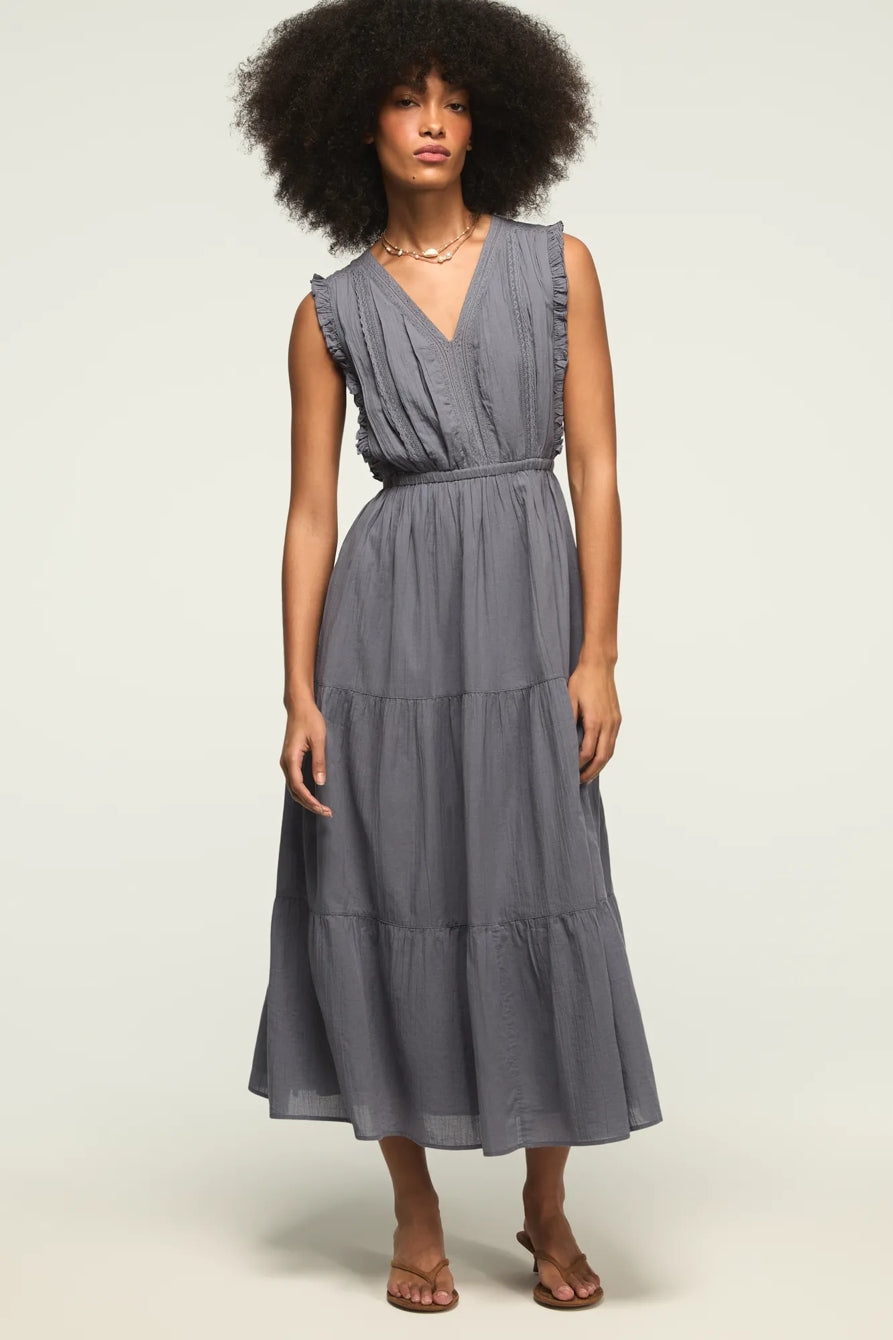 [162143-420] WOMENS LUCKY BRAND LACE TRIM TIERED MIDI DRESS - GRISAILLE
