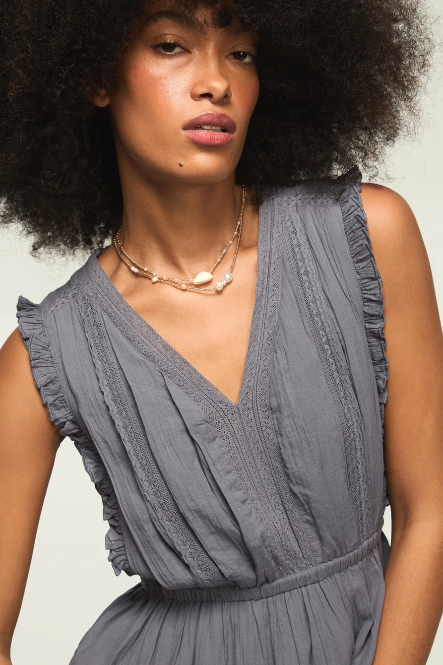 [162143-420] WOMENS LUCKY BRAND LACE TRIM TIERED MIDI DRESS - GRISAILLE