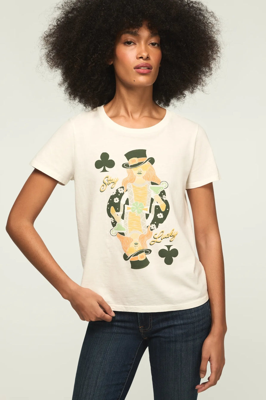 [163141-100] WOMENS LUCKY BRAND STAY LUCKY CARD CLASSIC CREW - GARDENIA