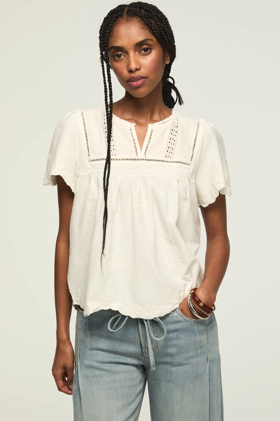 [167312-110] WOMENS LUCKY BRAND VERTICAL TRIMMED SHELL TEE - WHISPER WHITE