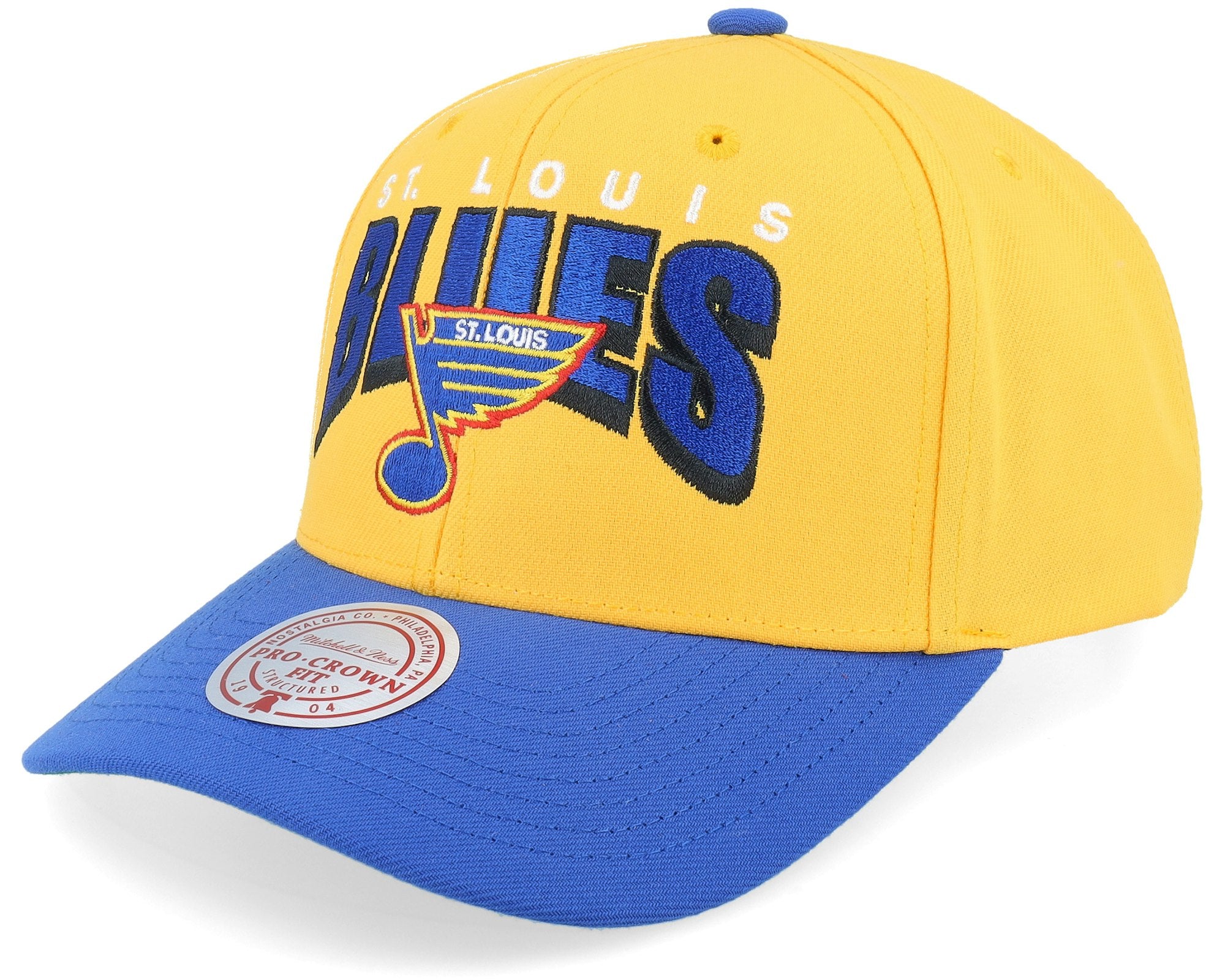 MENS MITCHELL & NESS NHL BOOM TEXT PRO SNAPBACK VNTG BLUES - YELLOW