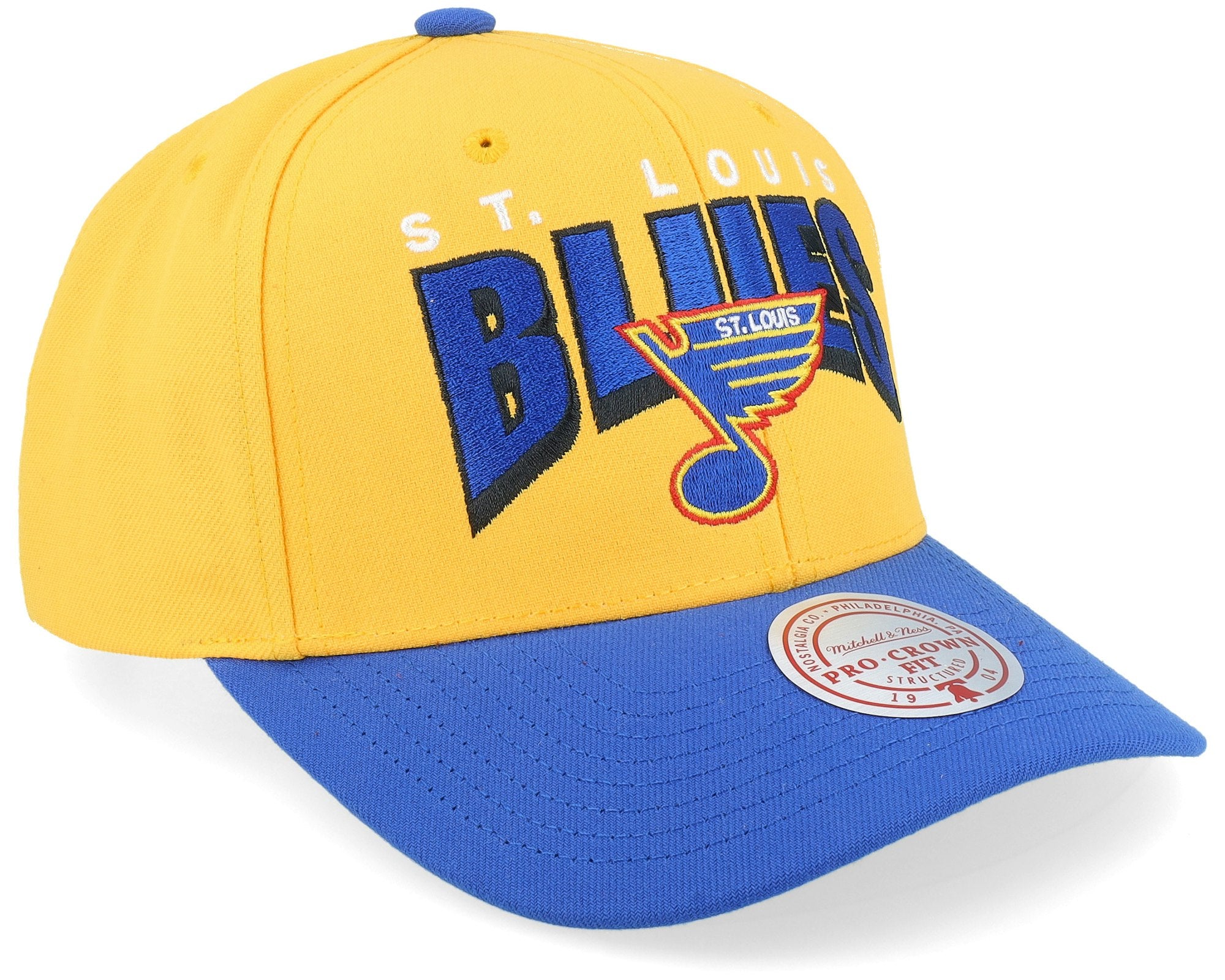 MENS MITCHELL & NESS NHL BOOM TEXT PRO SNAPBACK VNTG BLUES - YELLOW