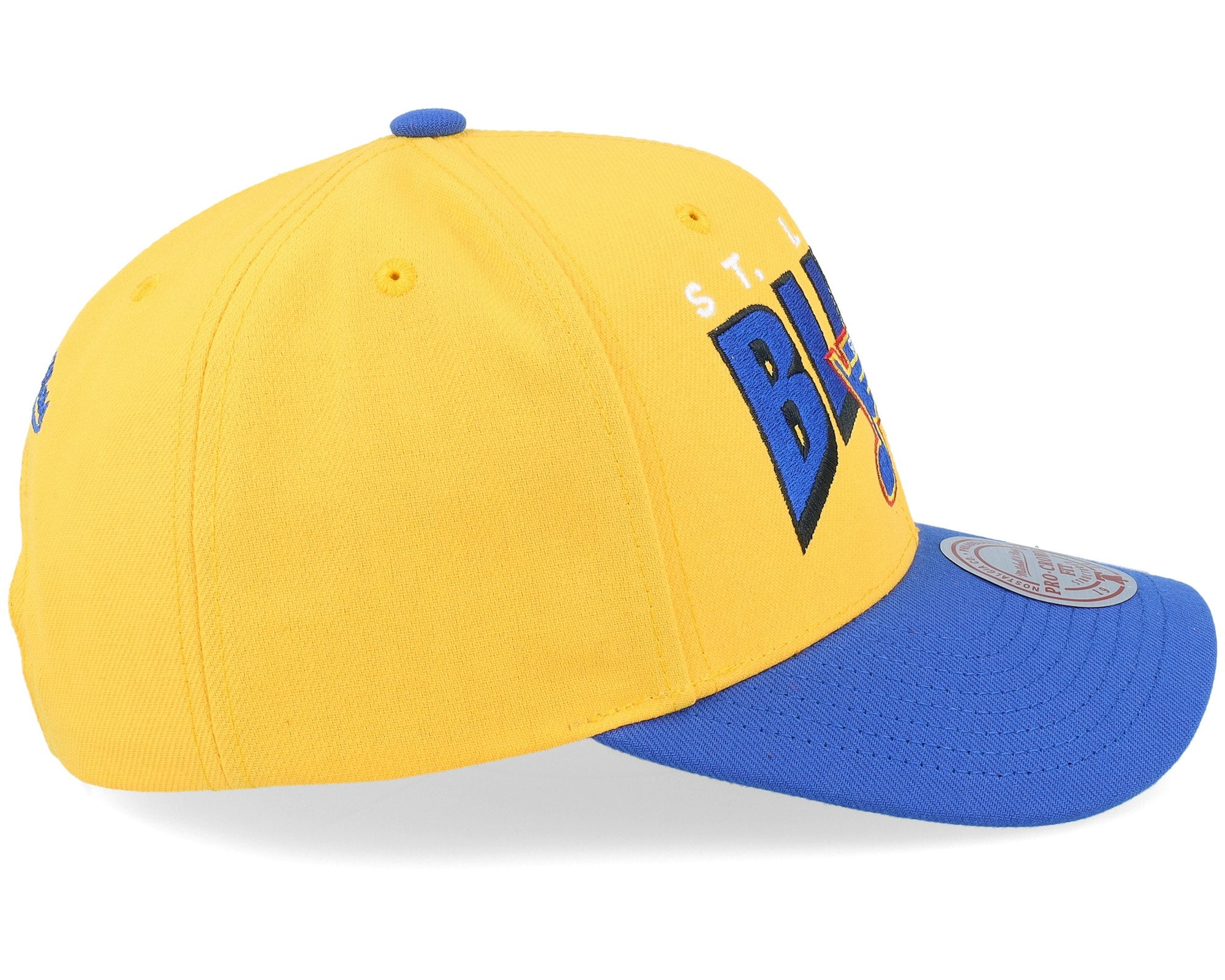 MENS MITCHELL & NESS NHL BOOM TEXT PRO SNAPBACK VNTG BLUES - YELLOW