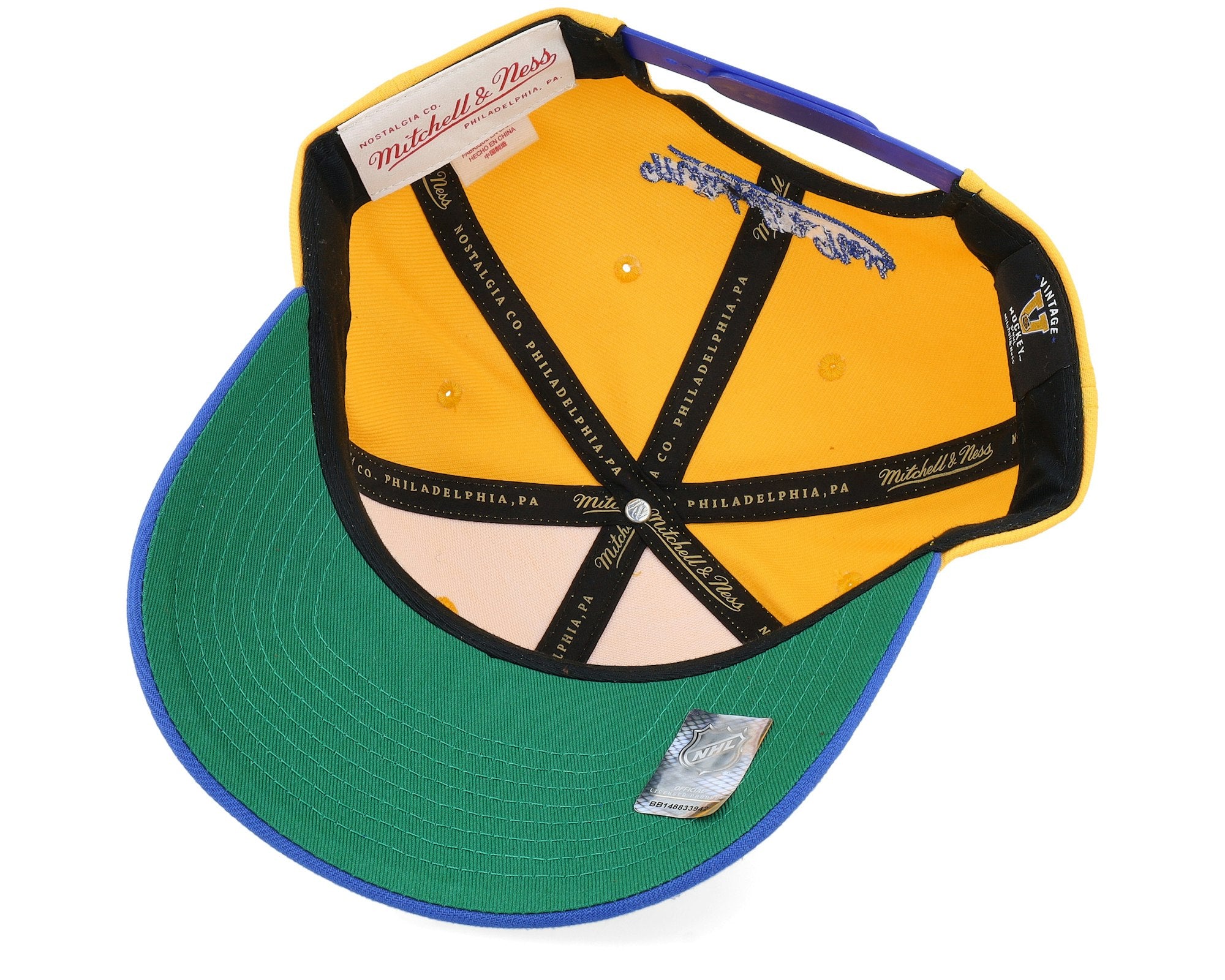MENS MITCHELL & NESS NHL BOOM TEXT PRO SNAPBACK VNTG BLUES - YELLOW