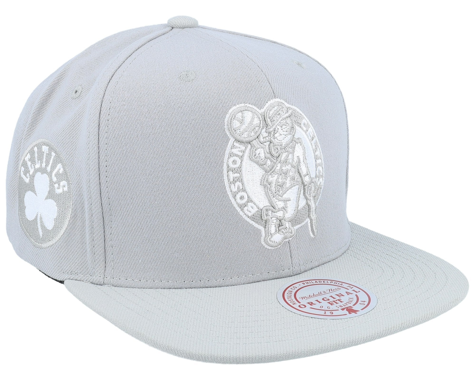 MENS MITCHELL & NESS NBA EVERGREEN GREY WHITE SNAPBACK CELTICS
