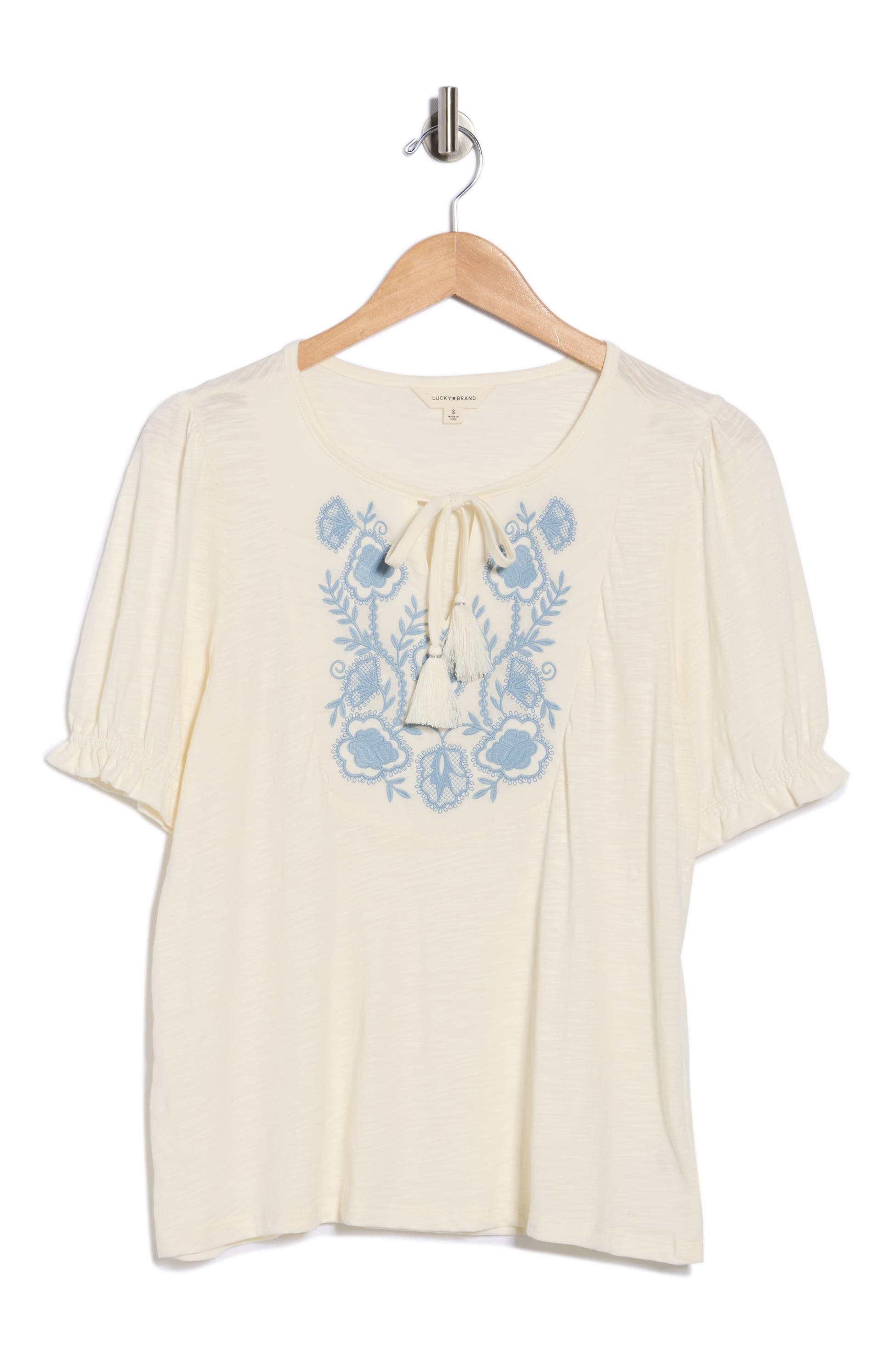 [159619-GARDENIA] WOMENS LUCKY BRAND EMB TIE FRONT TOP - GARDENIA
