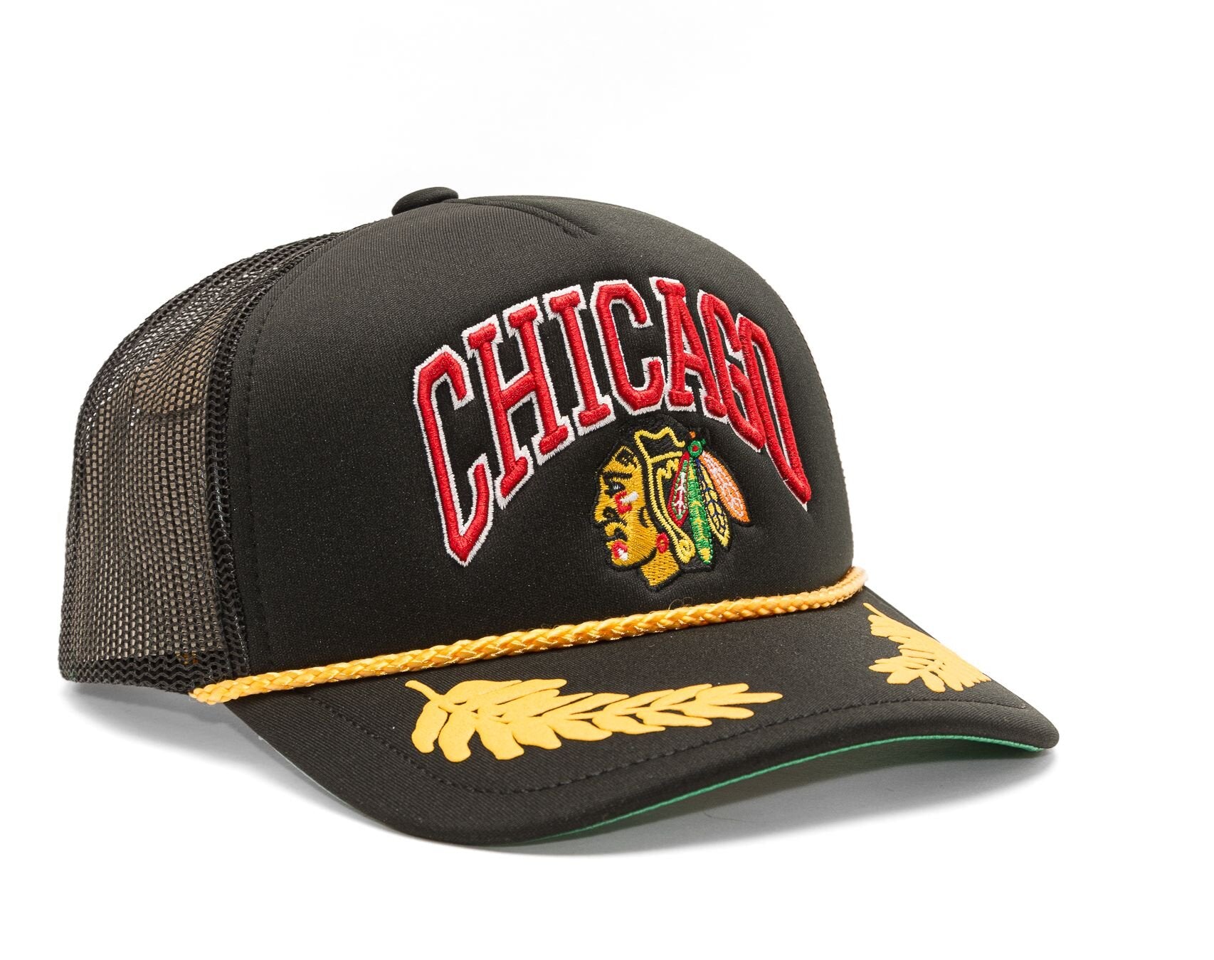 MENS MITCHELL & NESS NHL GOLD LEAF TRUCKER BLACKHAWKS - BLACK