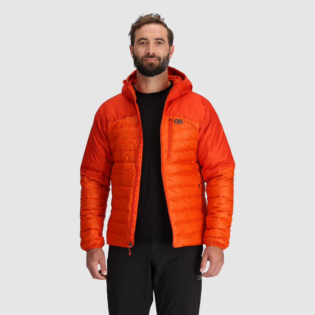 MENS OUTDOOR RESEARCH HELIUM DOWN WIND/WATER RESISTANT HOODED JACKET