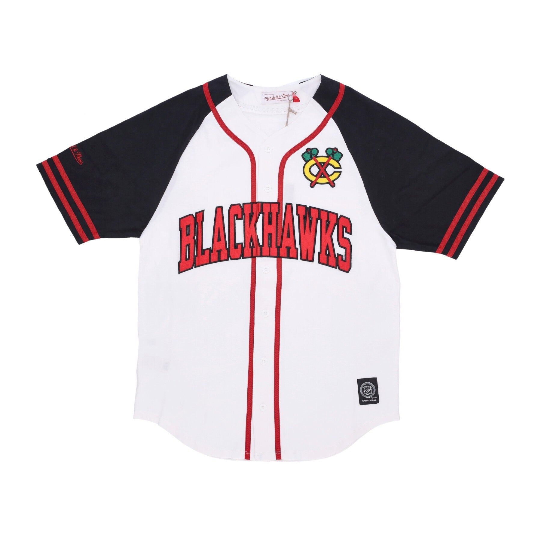 MENS MITCHELL & NESS NHL PRACTICE DAY BUTTON FRONT JERSEY BLACKHAWKS