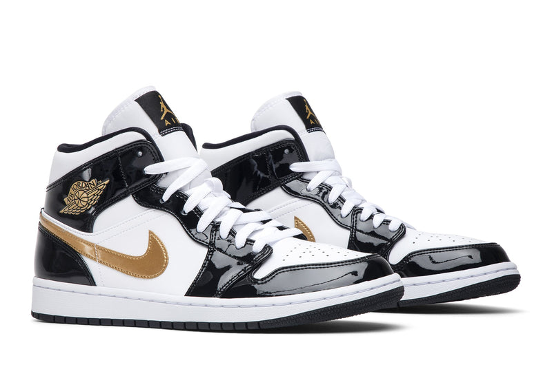 [852542-007] Mens Air Jordan Retro 1 Mid 'Patent Black White Gold'