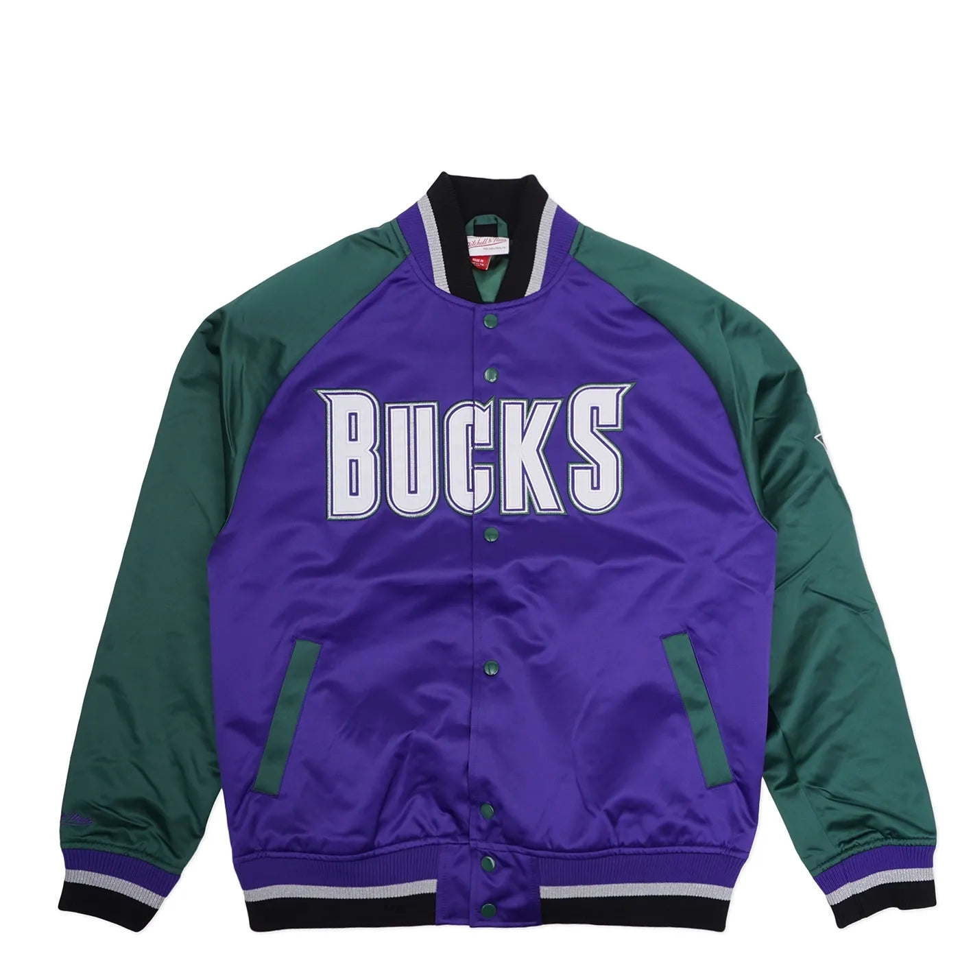 MENS MITCHELL & NESS PLAYMAKER LIGHTWEIGHT SATIN JACKET VINTAGE LOGO BUCKS