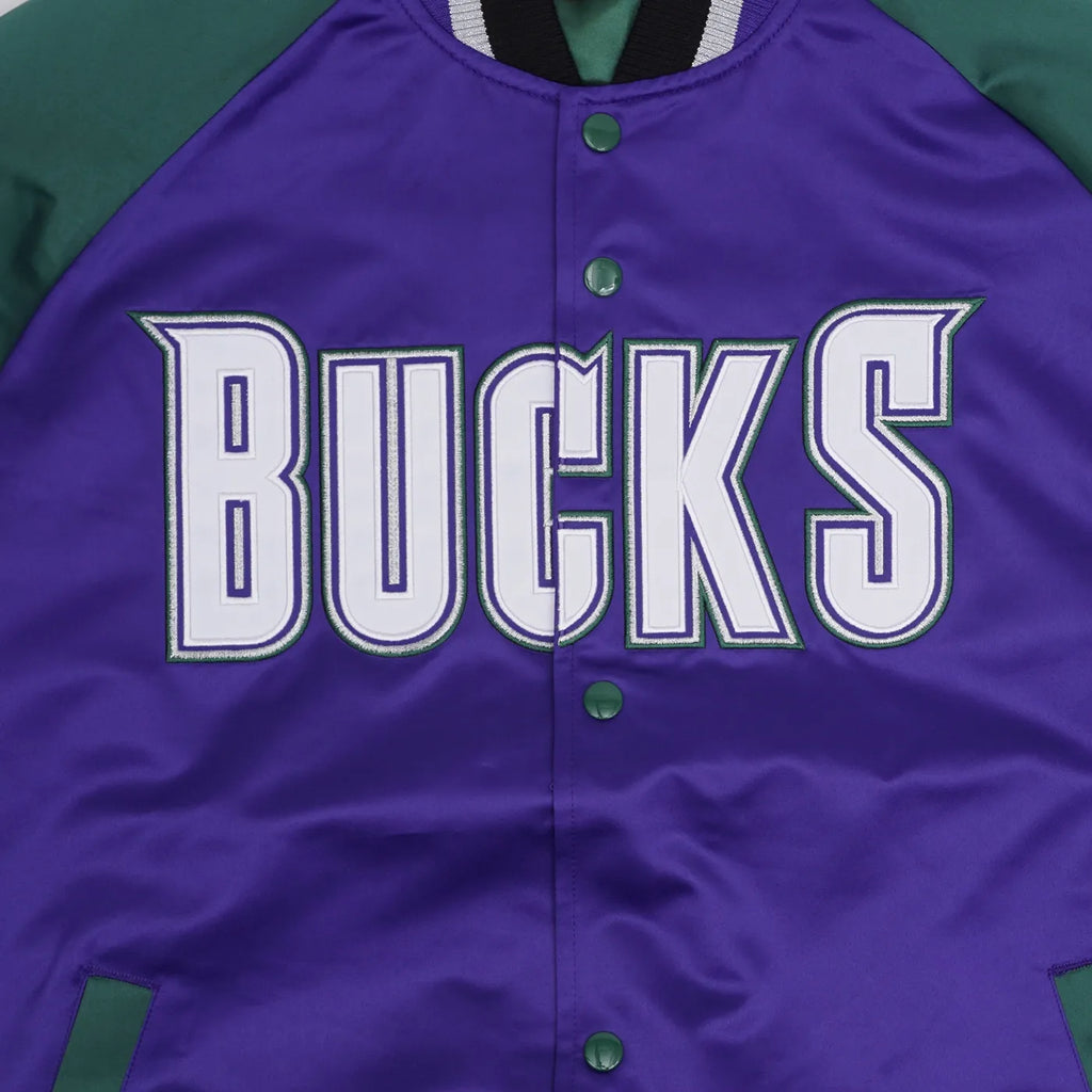 MENS MITCHELL & NESS PLAYMAKER LIGHTWEIGHT SATIN JACKET VINTAGE LOGO BUCKS