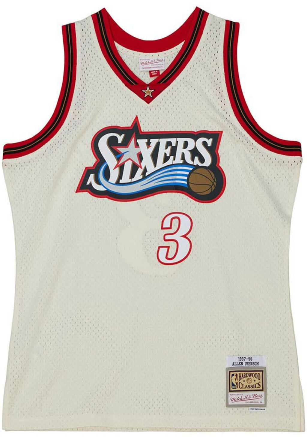 MENS MITCHELL & NESS CREAM TEAM COLOR SWINGMAN JERSEY 76ERS 1997 ALLEN IVERSON