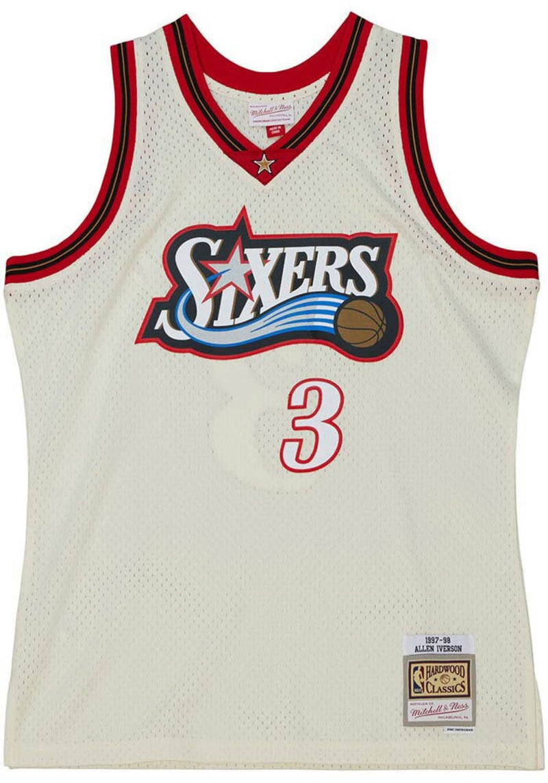 MENS MITCHELL & NESS CREAM TEAM COLOR SWINGMAN JERSEY 76ERS 1997 ALLEN IVERSON