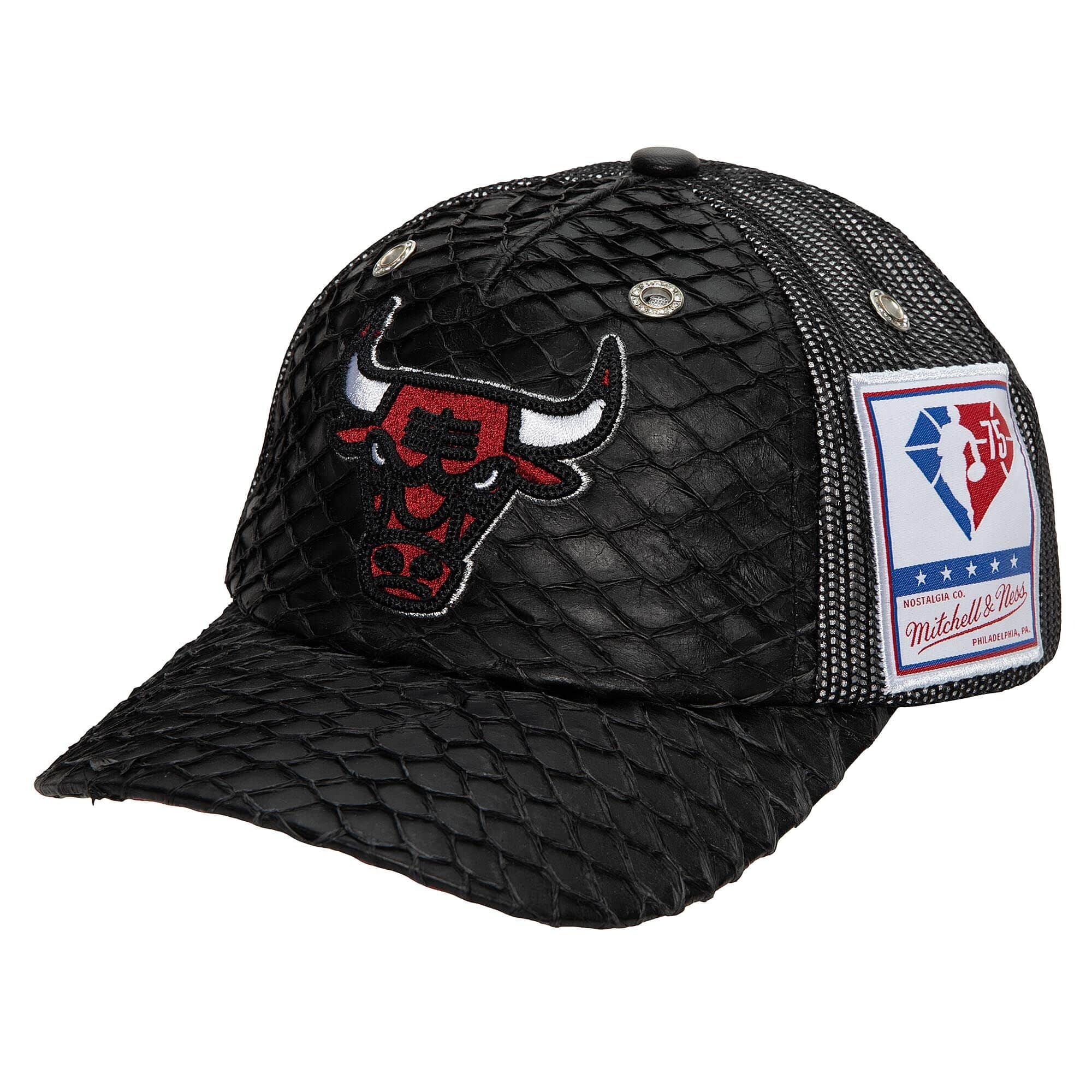Mens MITCHELL & NESS NBA 75TH PLATINUM LUX TRUCKER BULLS