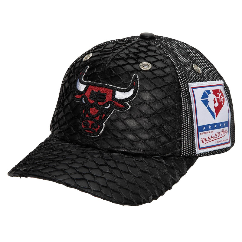 Mens MITCHELL & NESS NBA 75TH PLATINUM LUX TRUCKER BULLS