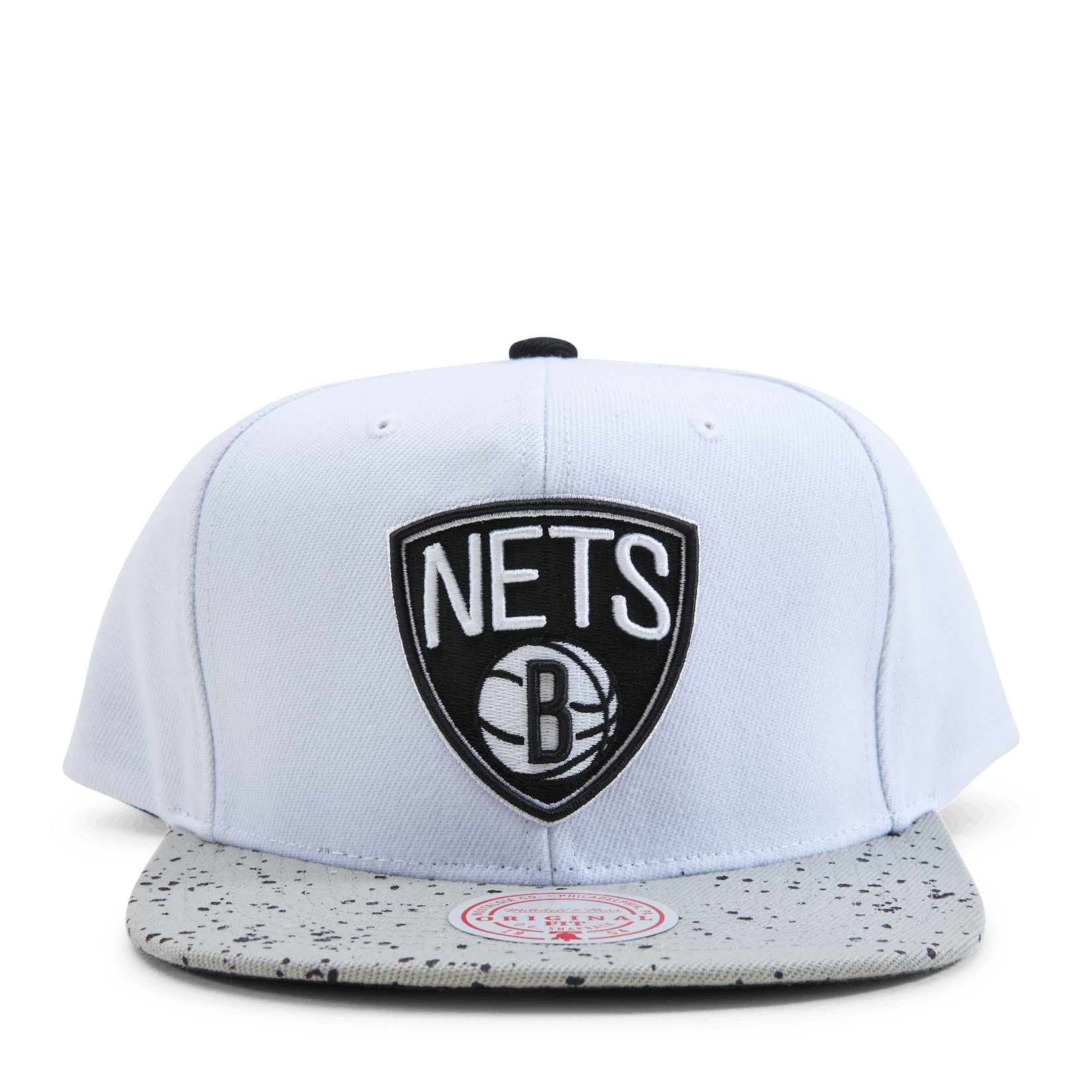 MENS MITCHELL & NESS NBA CEMENT TOP SNAPBACK NETS - WHITE-SILVER