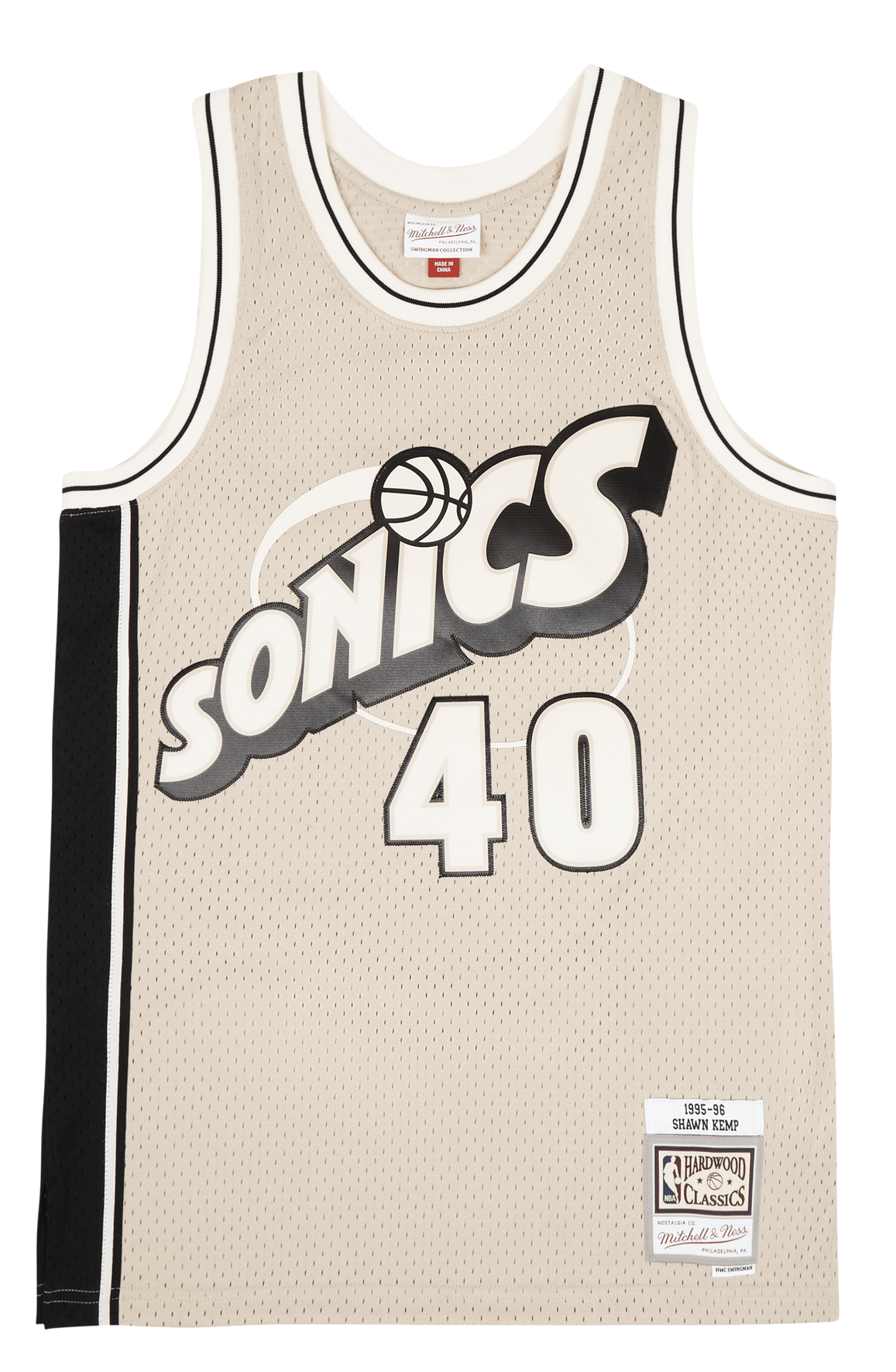 MENS MITCHELL & NESS KHAKI BLACK SWINGMAN JERSEY SUPERSONICS 1995 SHAWN KEMP