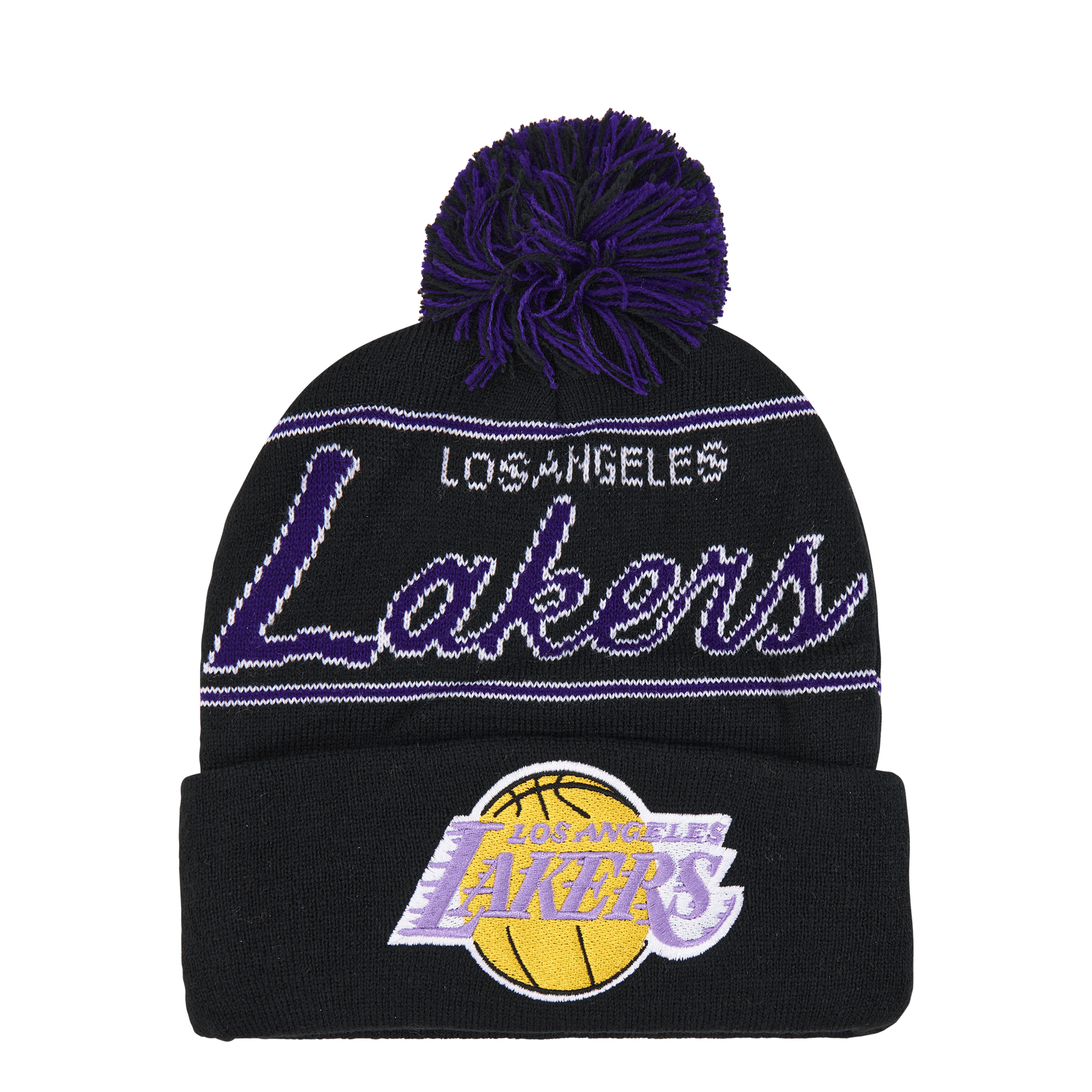 MENS MITCHELL & NESS NBA SCRIPT POM BEANIE HWC LAKERS - BLACK