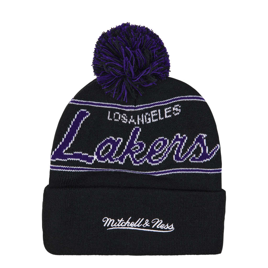 MENS MITCHELL & NESS NBA SCRIPT POM BEANIE HWC LAKERS - BLACK