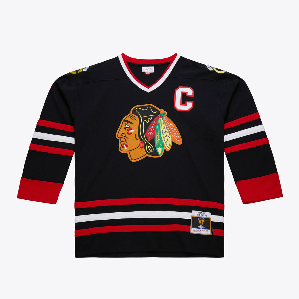 Mens Mitchell & Ness NHL DARK ALTERNATE JERSEY BLACKHAWKS 1997 CHRIS CHELIOS