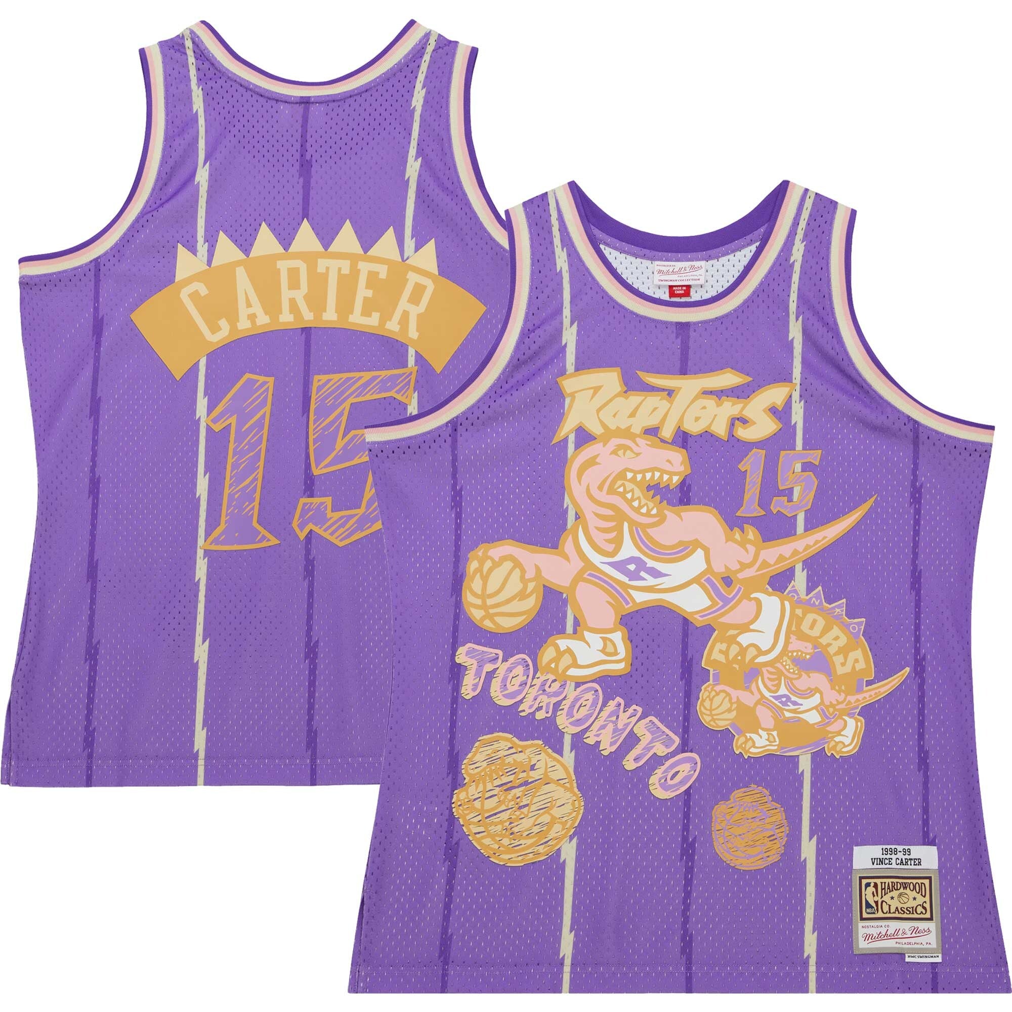 MENS MITCHELL & NESS SIDEWALK SKETCH SWINGMAN JERSEY RAPTORS 1998 VINCE CARTER