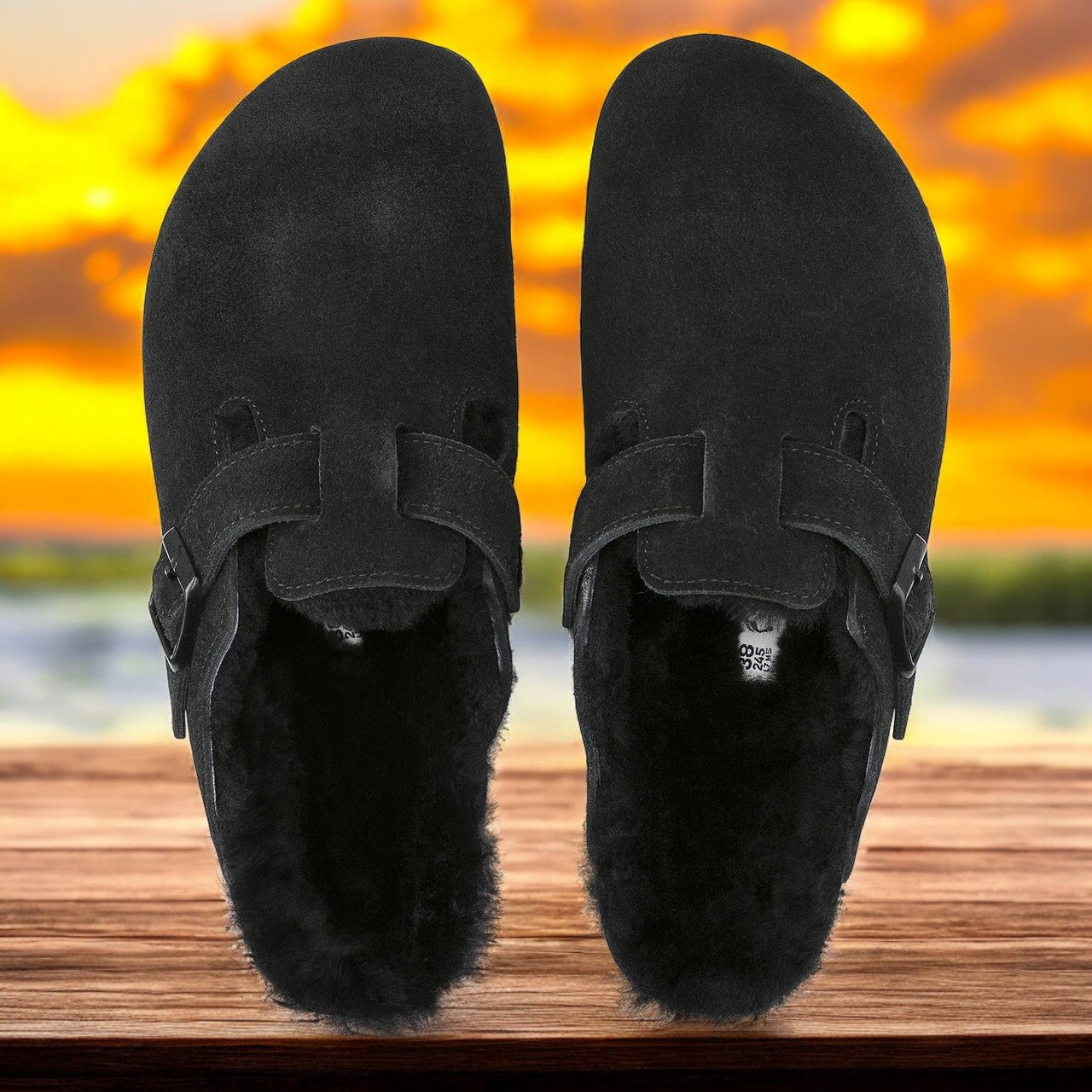 [259881] MENS BIRKENSTOCK BOSTON SHEARLING BLACK SUEDE LEATHER (REGULAR WIDTH)
