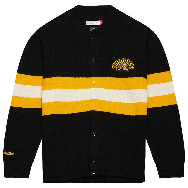 Mens Mitchell & Ness NHL 100TH ANNIVERSARY STRIPED CARDIGAN SWEATER BRUINS