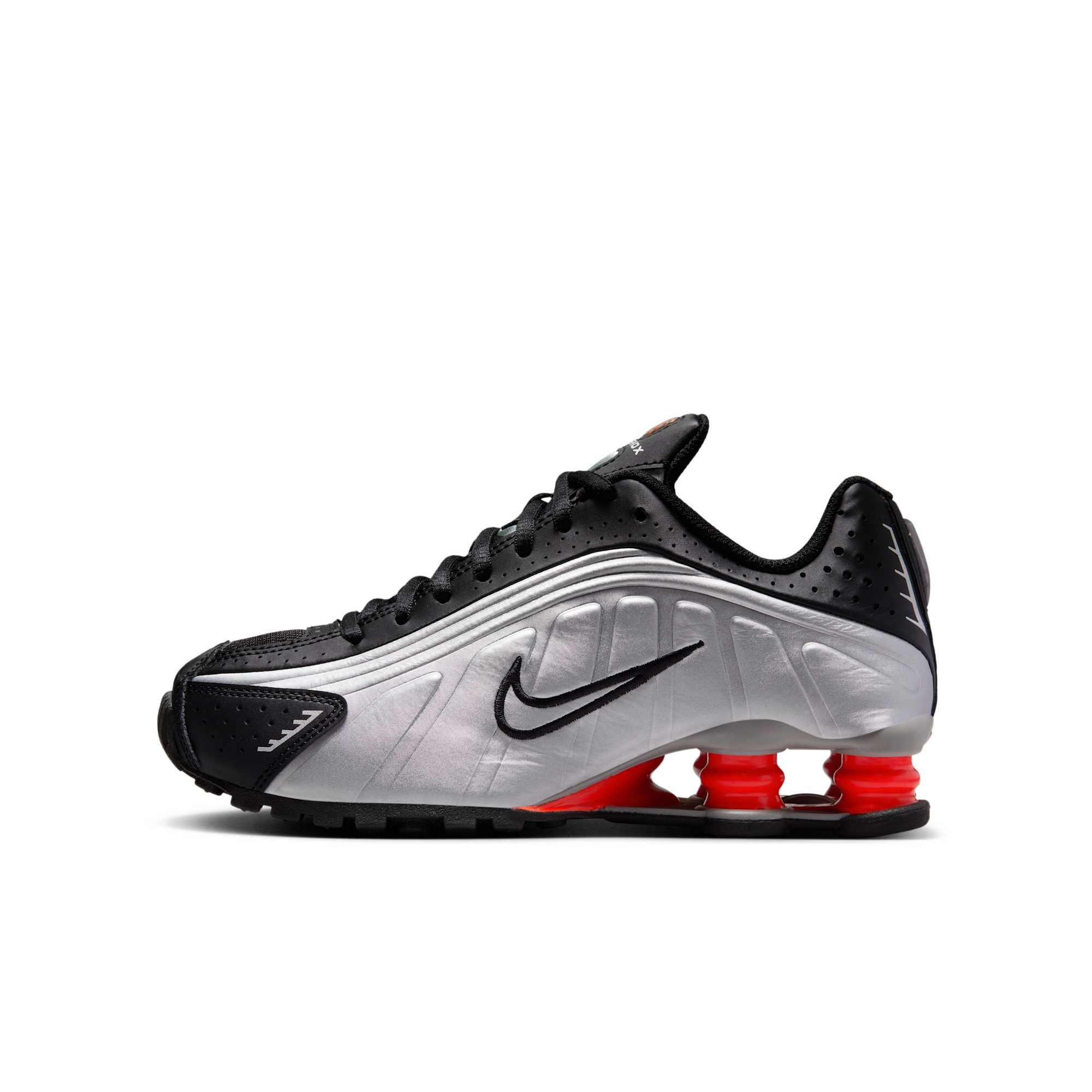 [CW2626-005] GRADE SCHOOL NIKE SHOX R4 'METALLIC SILVER BLACK PICANTE RED'