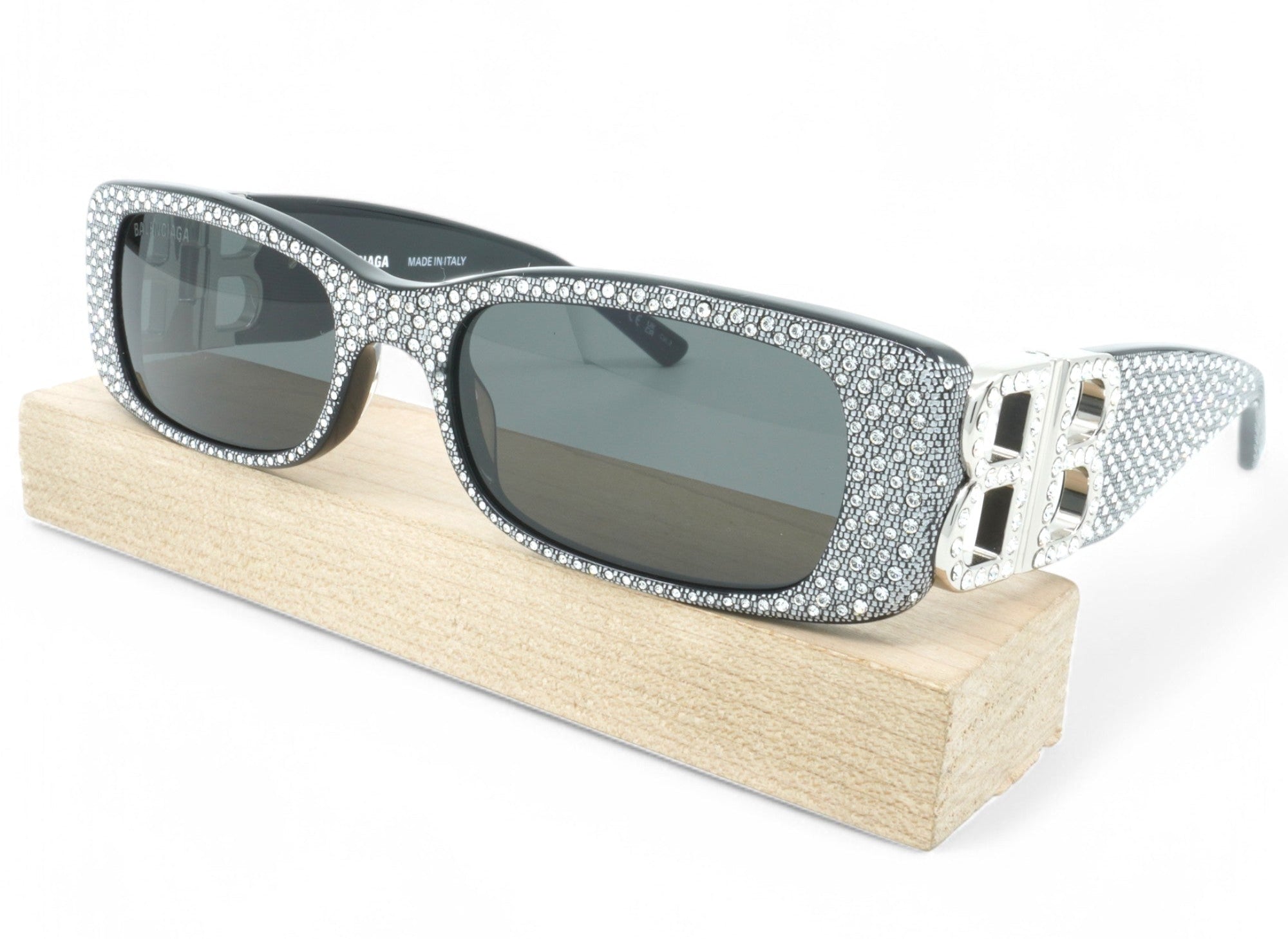 [BB0096S-013] Unisex Balenciaga Rectangular Strass Sunglasses - Black/Silver