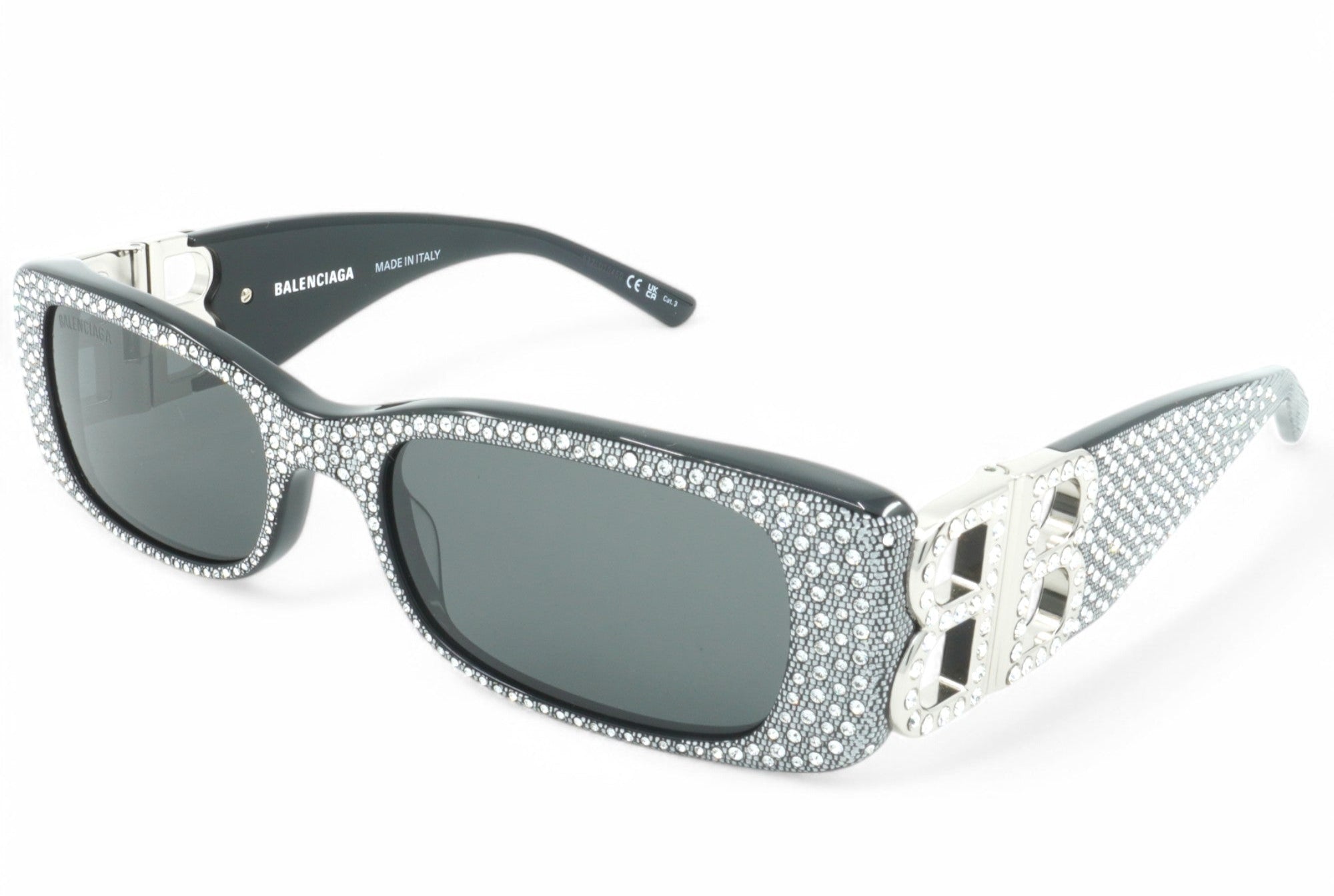 [BB0096S-013] Unisex Balenciaga Rectangular Strass Sunglasses - Black/Silver