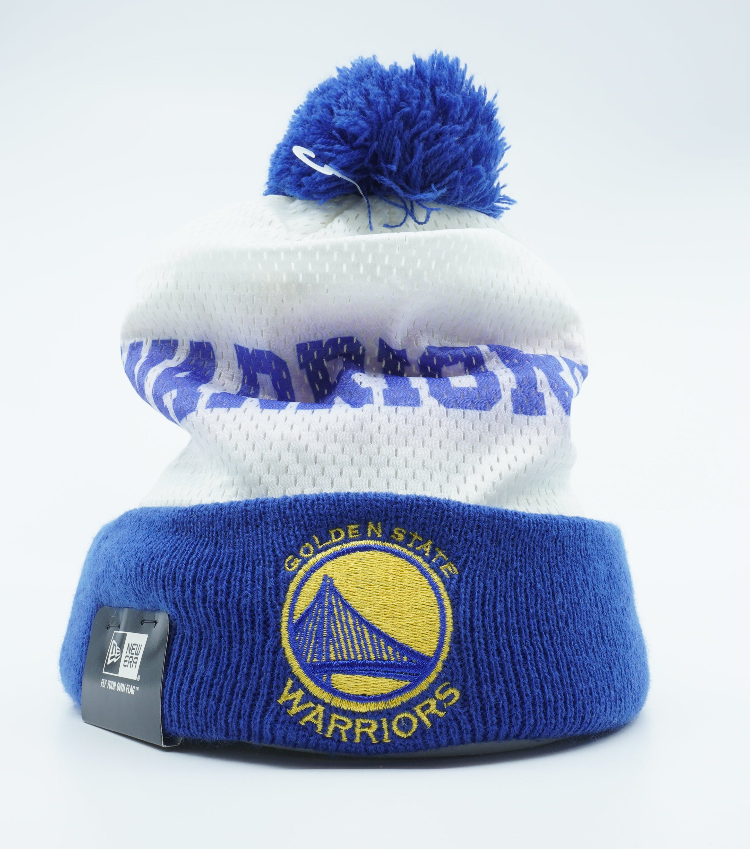 [80349062] Mens New Era NBA GS WARRIORS MESH LAYER POM BEANIE - WHITE/BLUE