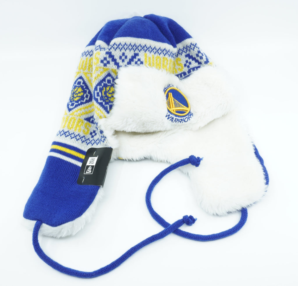 [80505067] Mens New Era NBA GOLDEN STATE WARRIORS FESTIVE TRAPPER BEANIE - BLUE