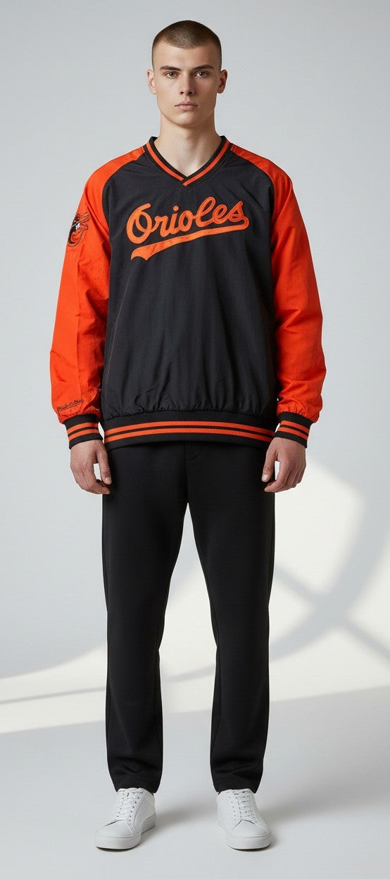 MENS MITCHELL & NESS MLB NYLON PULLOVER JACKET VINTAGE LOGO ORIOLES
