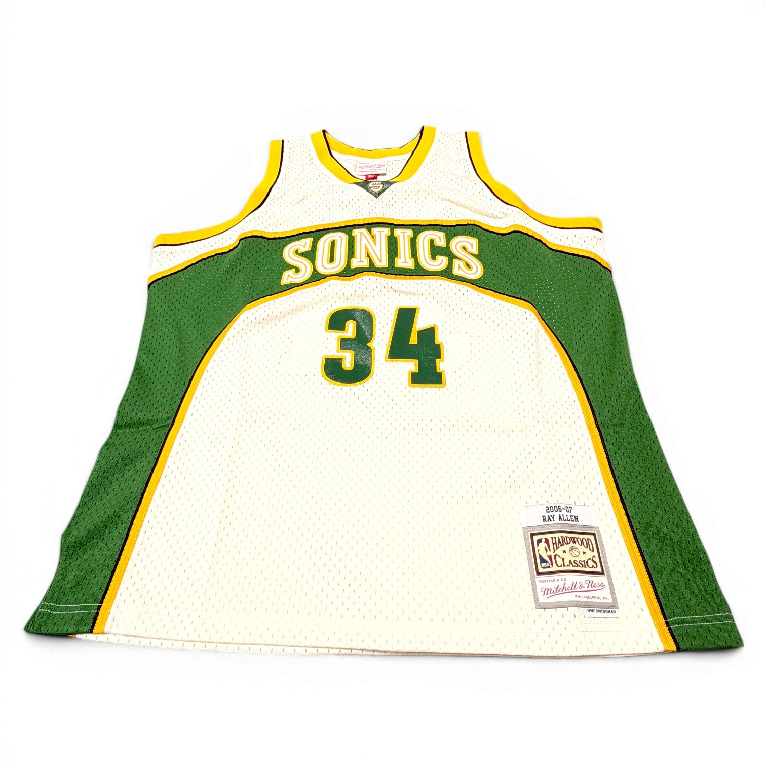 MENS MITCHELL & NESS CREAM TEAM COLOR SWINGMAN JERSEY SUPERSONICS 2006 RAY ALLEN