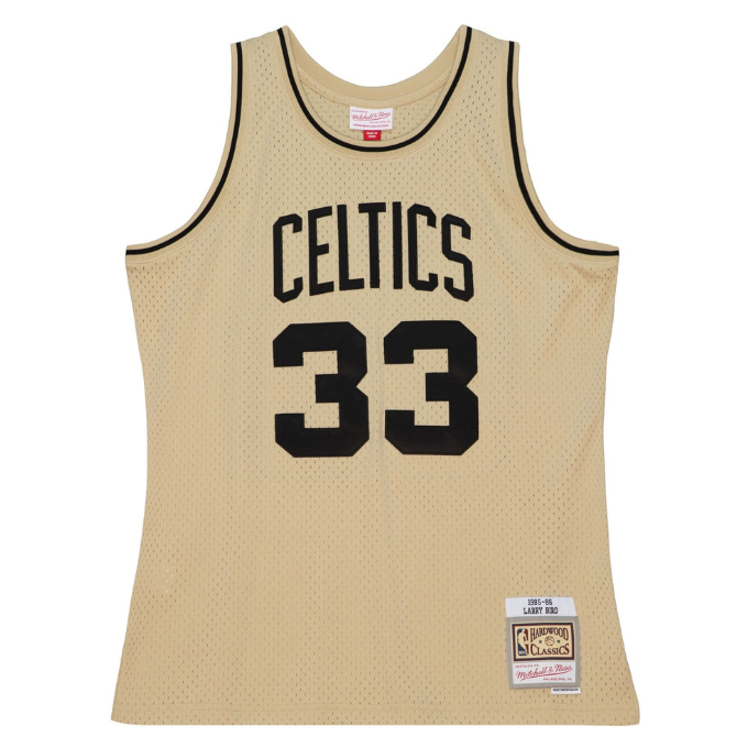 MENS MITCHELL & NESS KHAKI BLACK SWINGMAN JERSEY CELTICS 1985 LARRY BIRD
