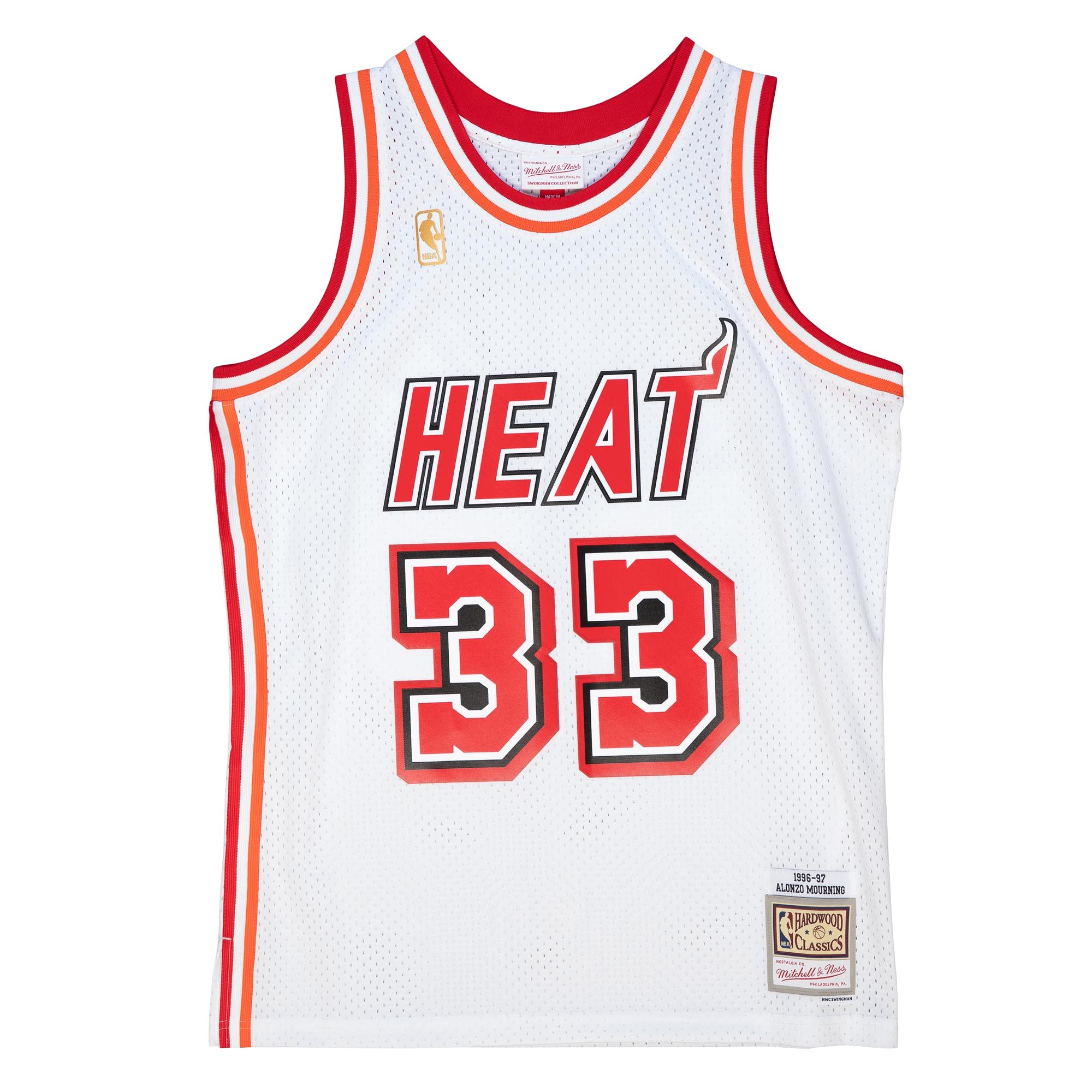 Mens Mitchell & Ness NBA WHITE JERSEY HEAT 1996 ALONZO MOURNING
