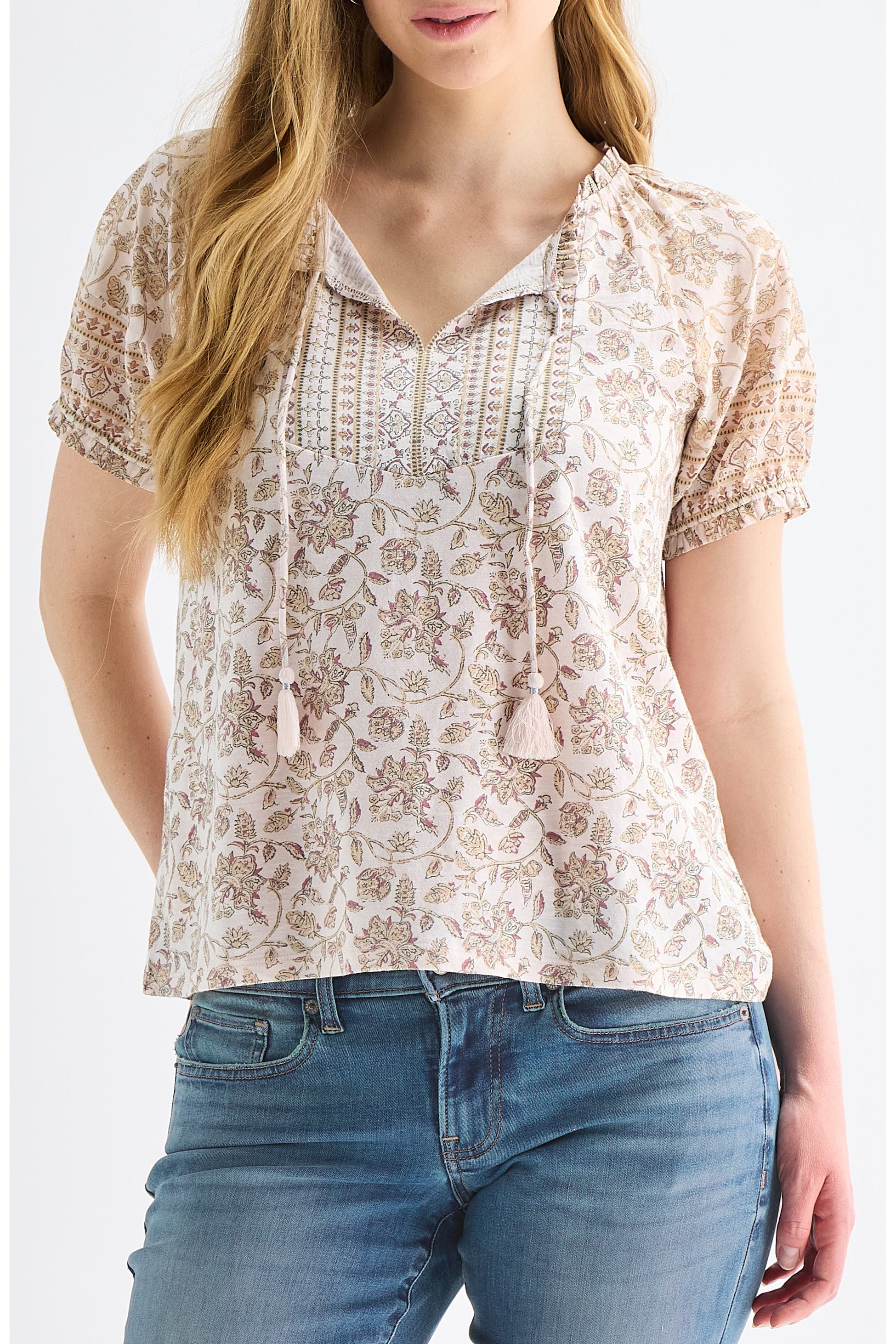 [159549-680] WOMENS LUCKY BRAND SHORT SLEEVE NOTCH NECK - PINK MULTI
