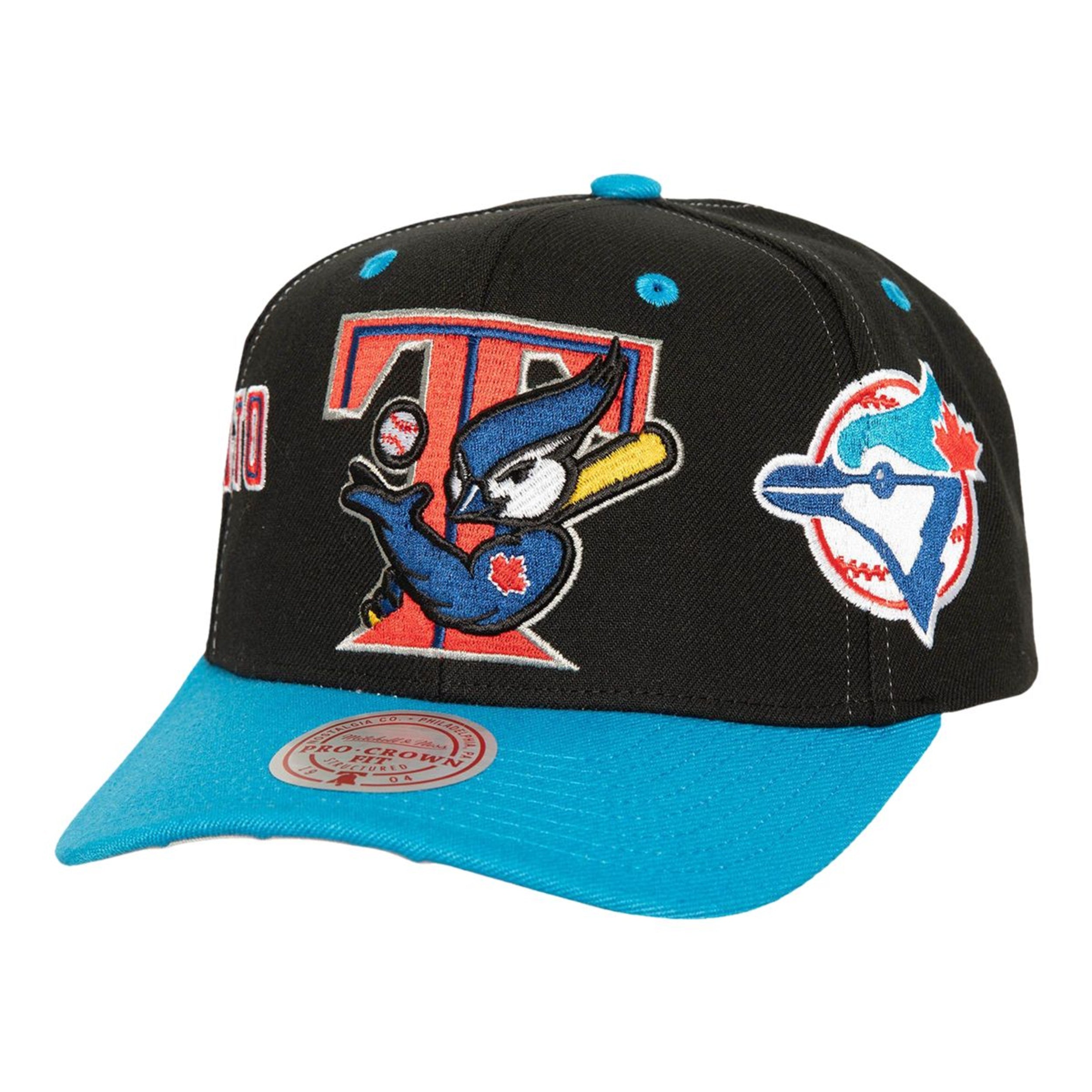 MENS MITCHELL & NESS MLB OVERBITE PRO SNAPBACK COOP BLUE JAYS