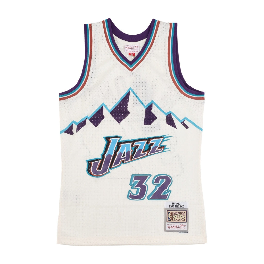 MENS MITCHELL & NESS CREAM TEAM COLOR SWINGMAN JERSEY JAZZ 1996 KARL MALONE